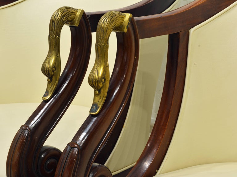 19th Century Elegant Pair of Napoleon III Empire Leather Covered Arm Chairs with Swan Mounts
