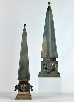 Pair of Large Mid Century Portuguese Pewter Obelisk Models with Boar's Heads