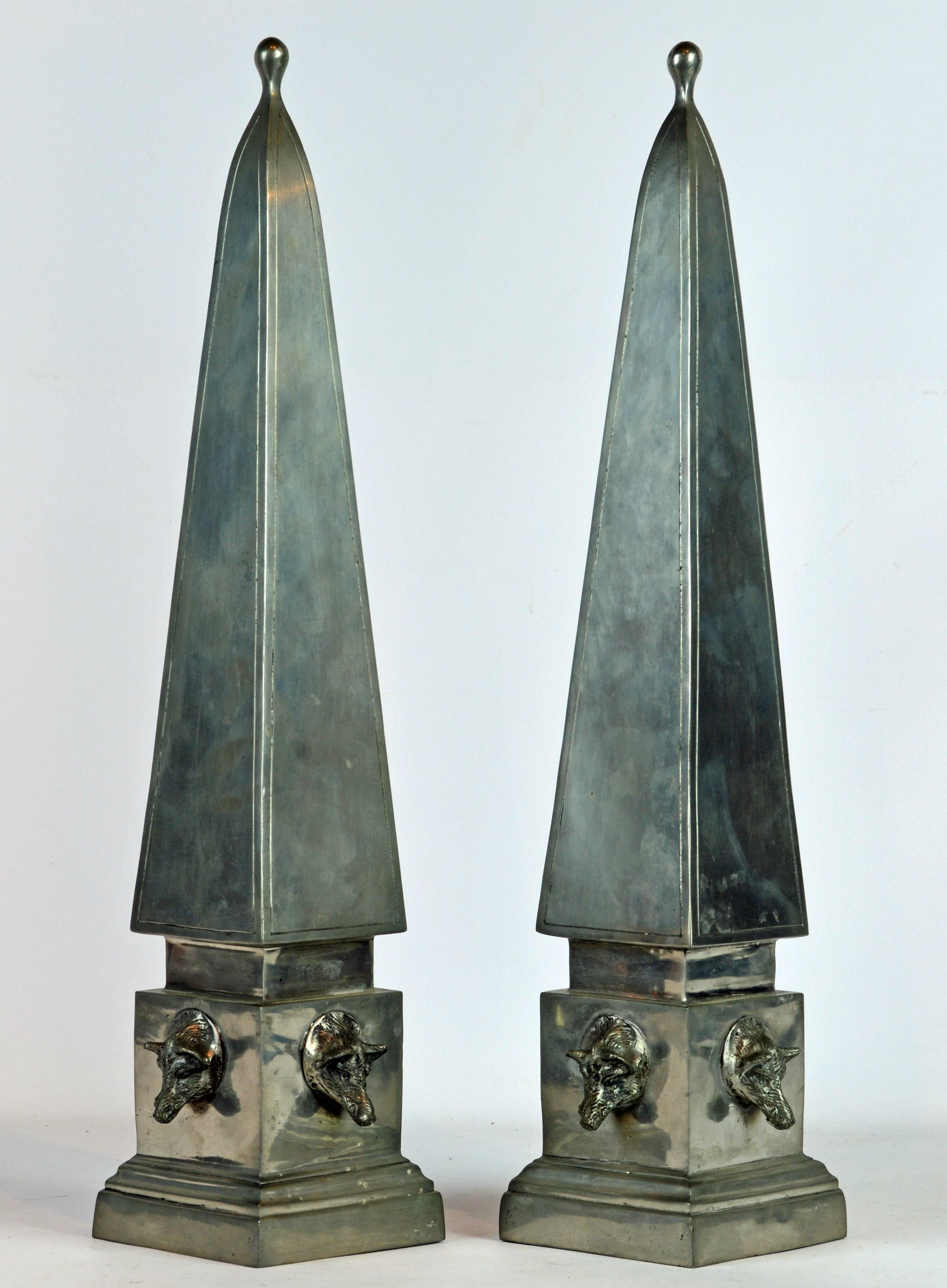 Neoclassical Pair of Large Mid Century Portuguese Pewter Obelisk Models with Boar's Heads