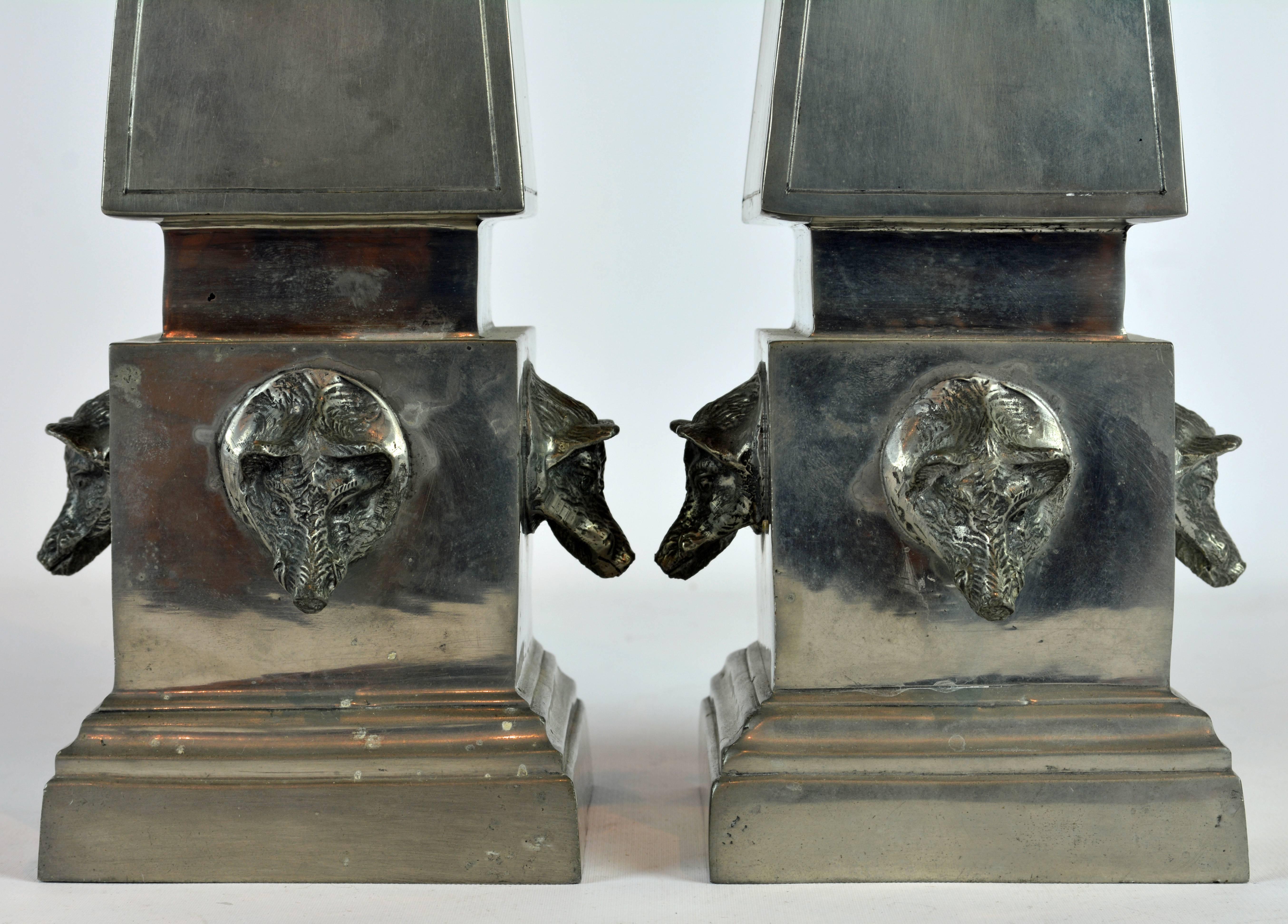 Pair of Large Mid Century Portuguese Pewter Obelisk Models with Boar's Heads In Good Condition In Ft. Lauderdale, FL