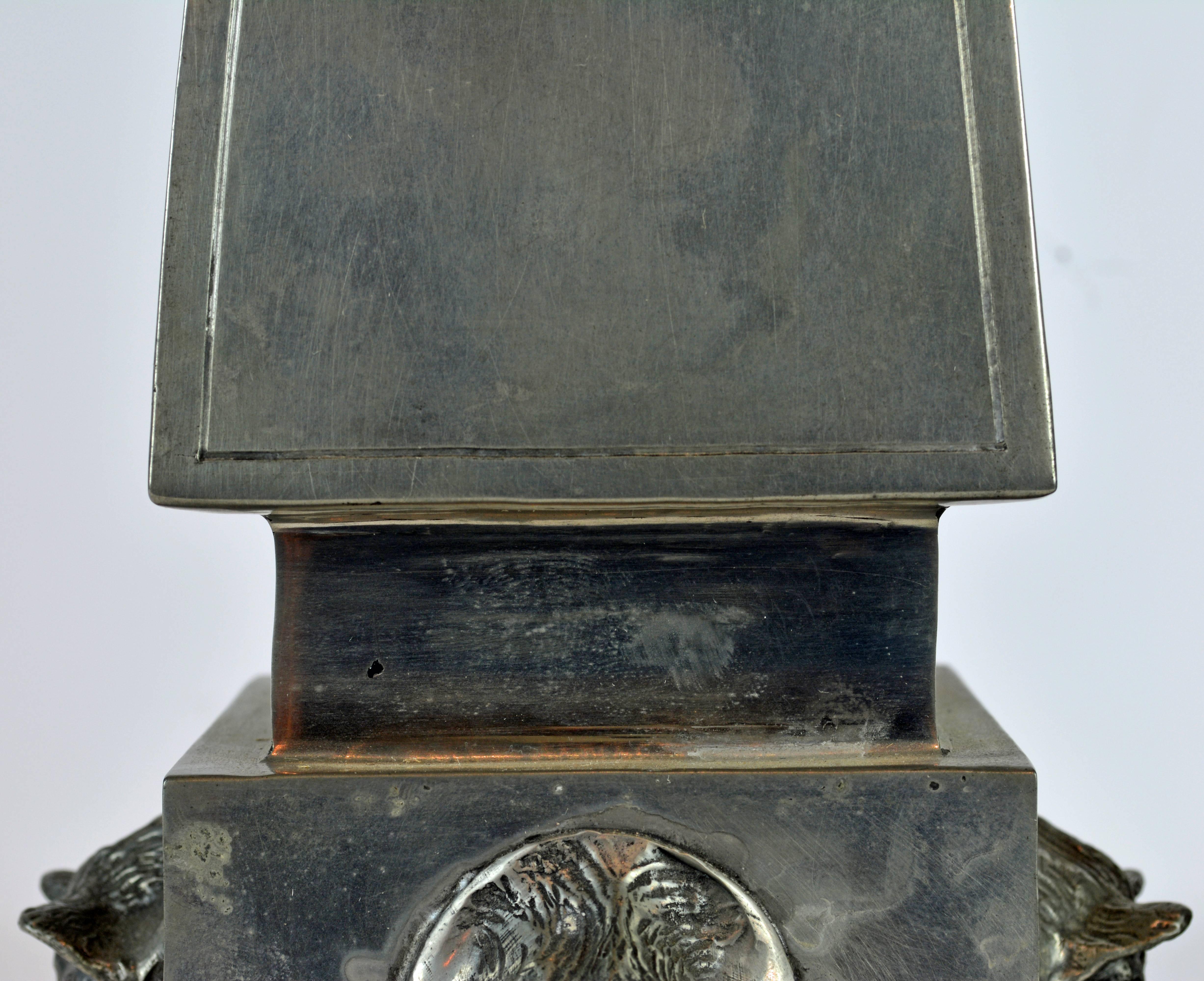 20th Century Pair of Large Mid Century Portuguese Pewter Obelisk Models with Boar's Heads