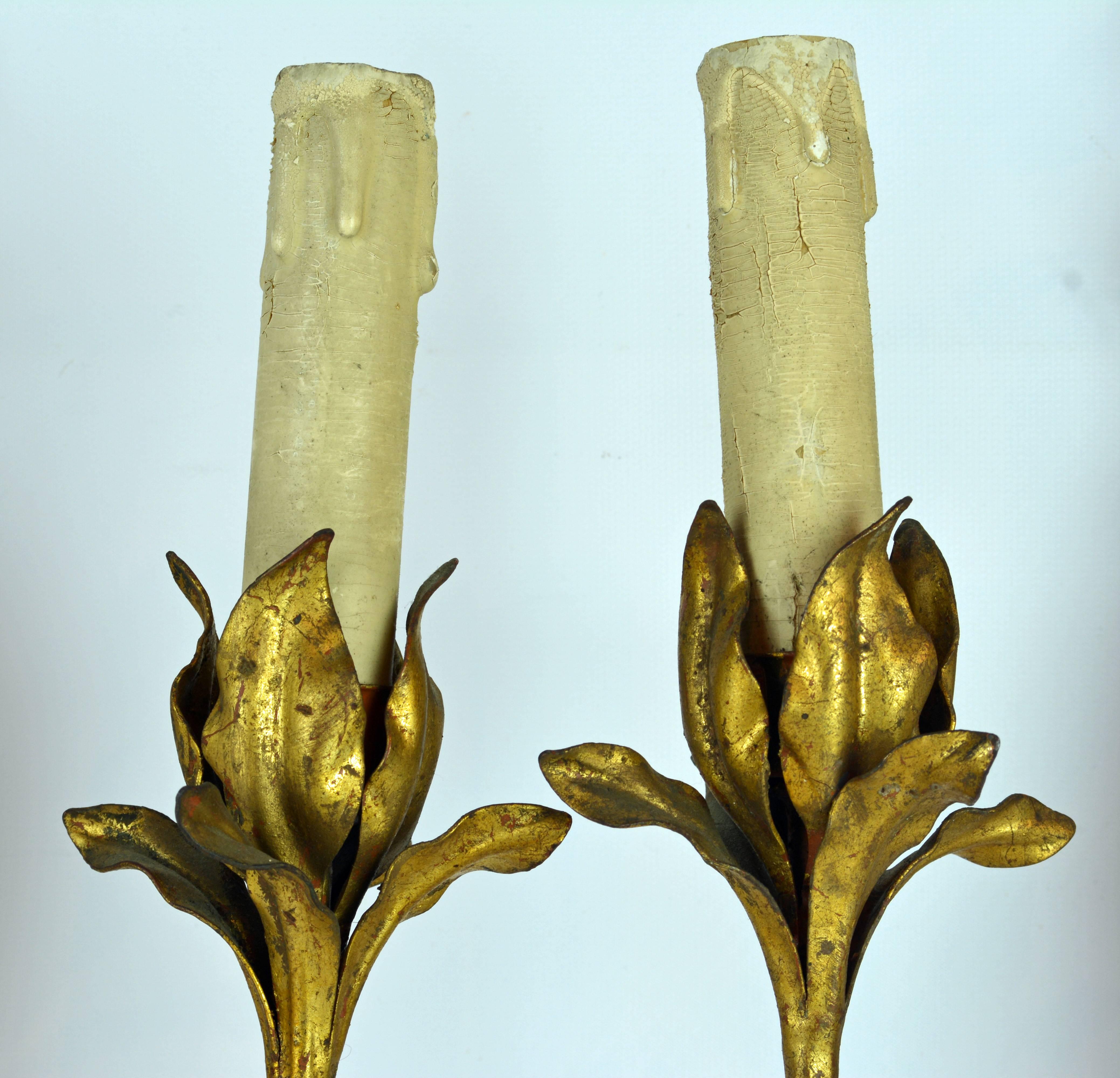 20th Century Pair of Midcentury Palladio Neoclassical Style Wood and Gilt Metal Wall Sconces