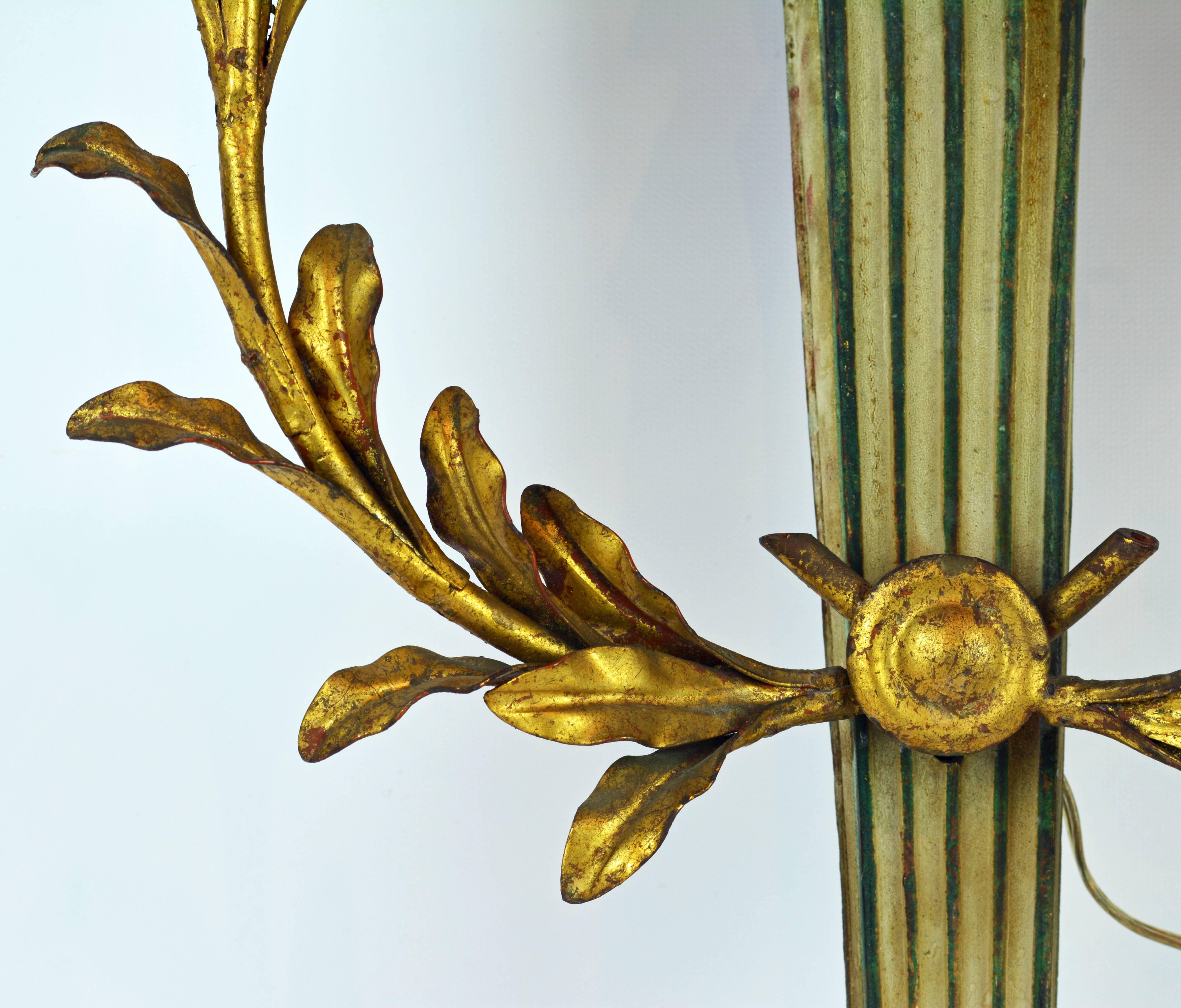 Pair of Midcentury Palladio Neoclassical Style Wood and Gilt Metal Wall Sconces In Good Condition In Ft. Lauderdale, FL