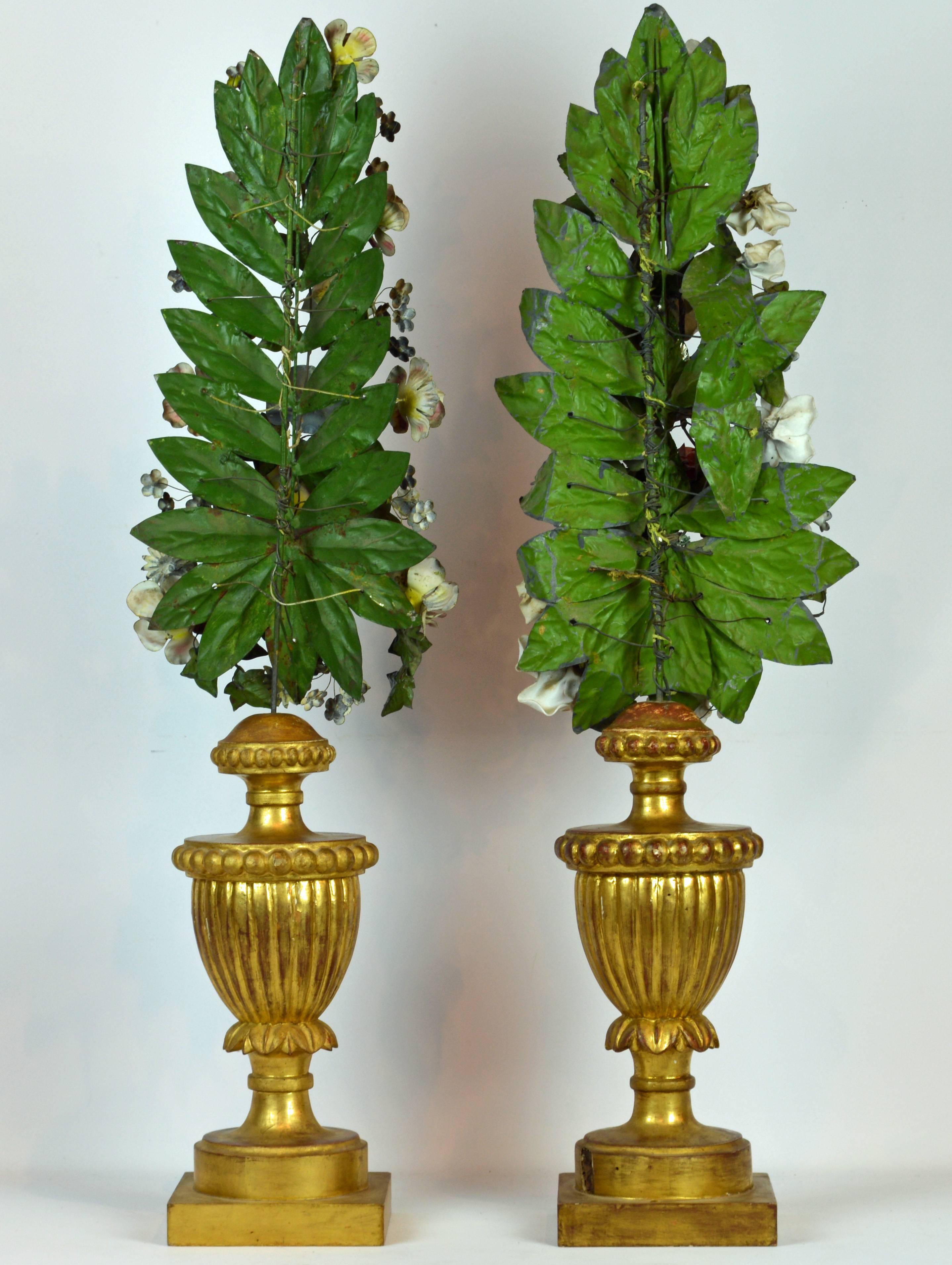 Baroque Pair of  Italian Altar Gilt Wood Urns with Painted Tole Flower Bouquets