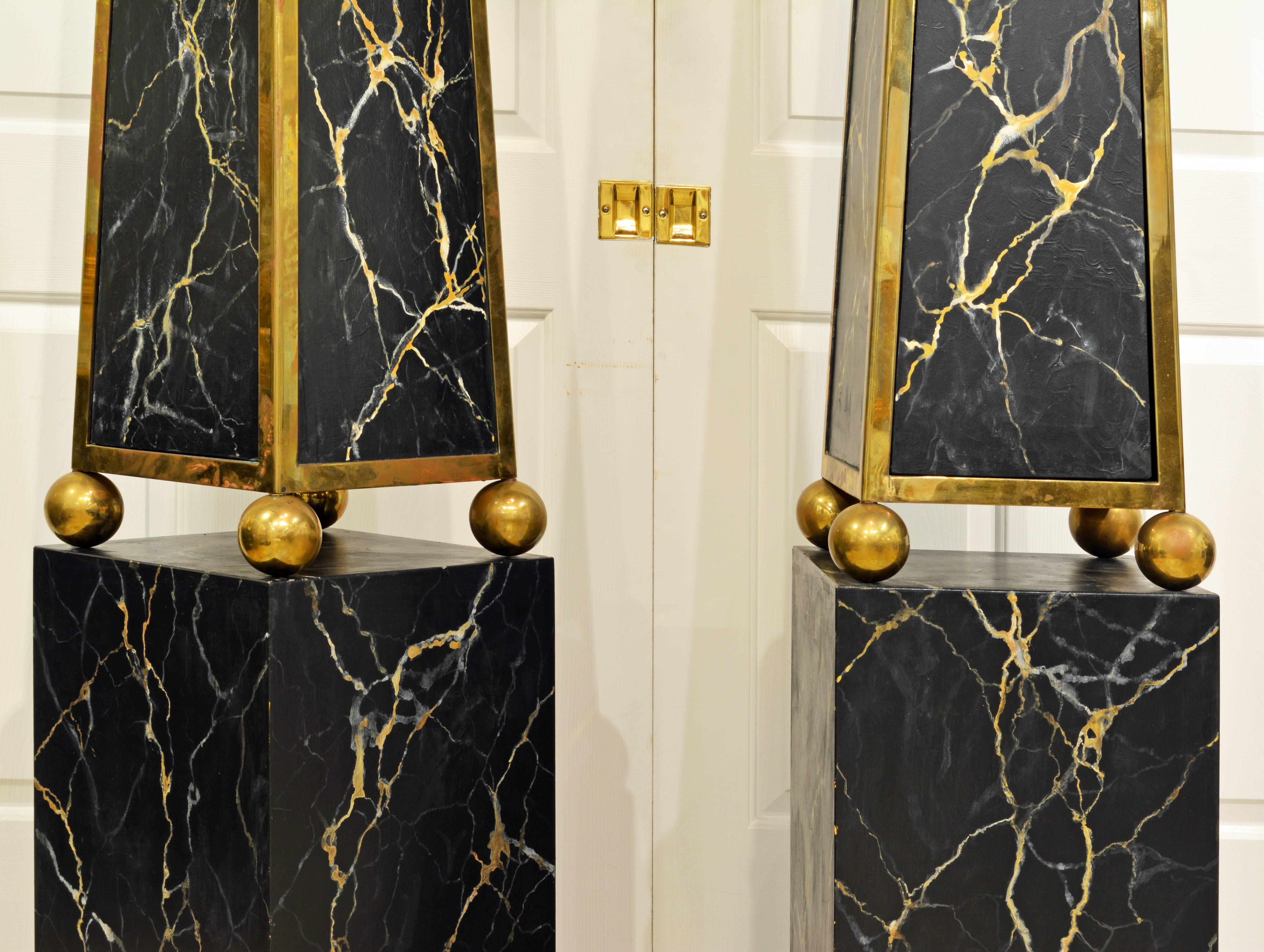 20th Century Pair of Monumental Painted and Brass Mounted Neoclassical Obelisks with Cabinets