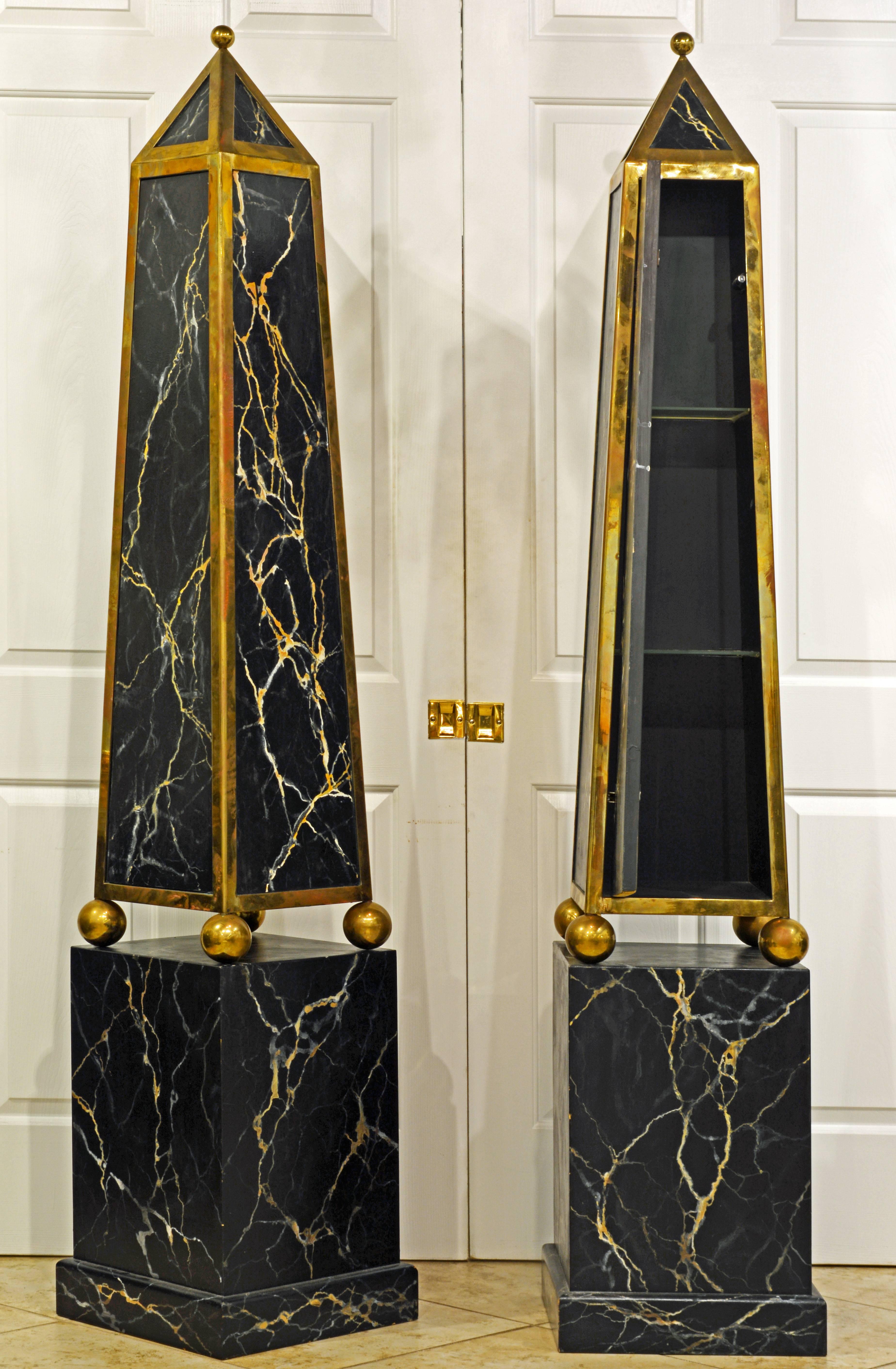 Hand-Painted Pair of Monumental Painted and Brass Mounted Neoclassical Obelisks with Cabinets