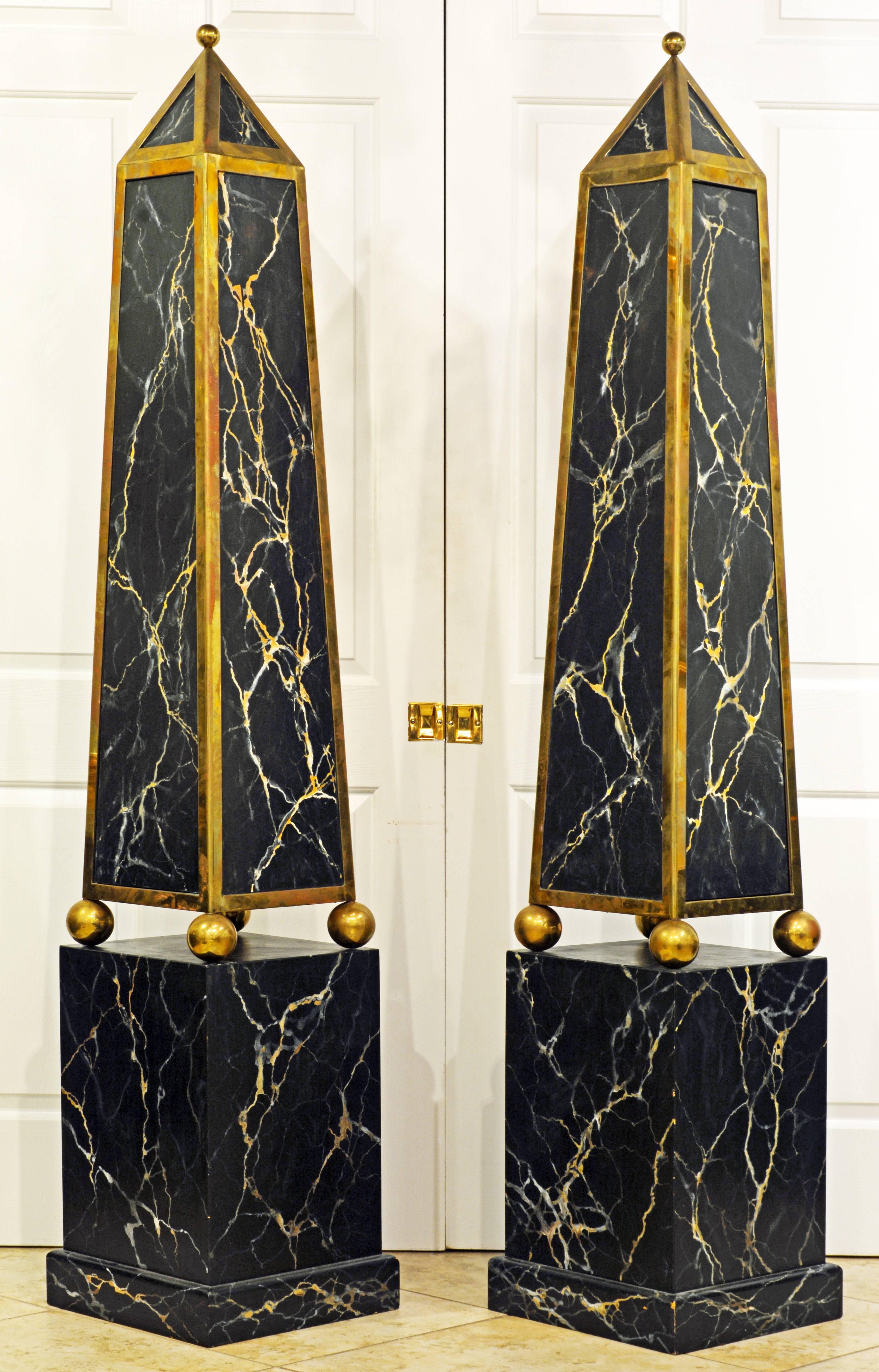American Pair of Monumental Painted and Brass Mounted Neoclassical Obelisks with Cabinets