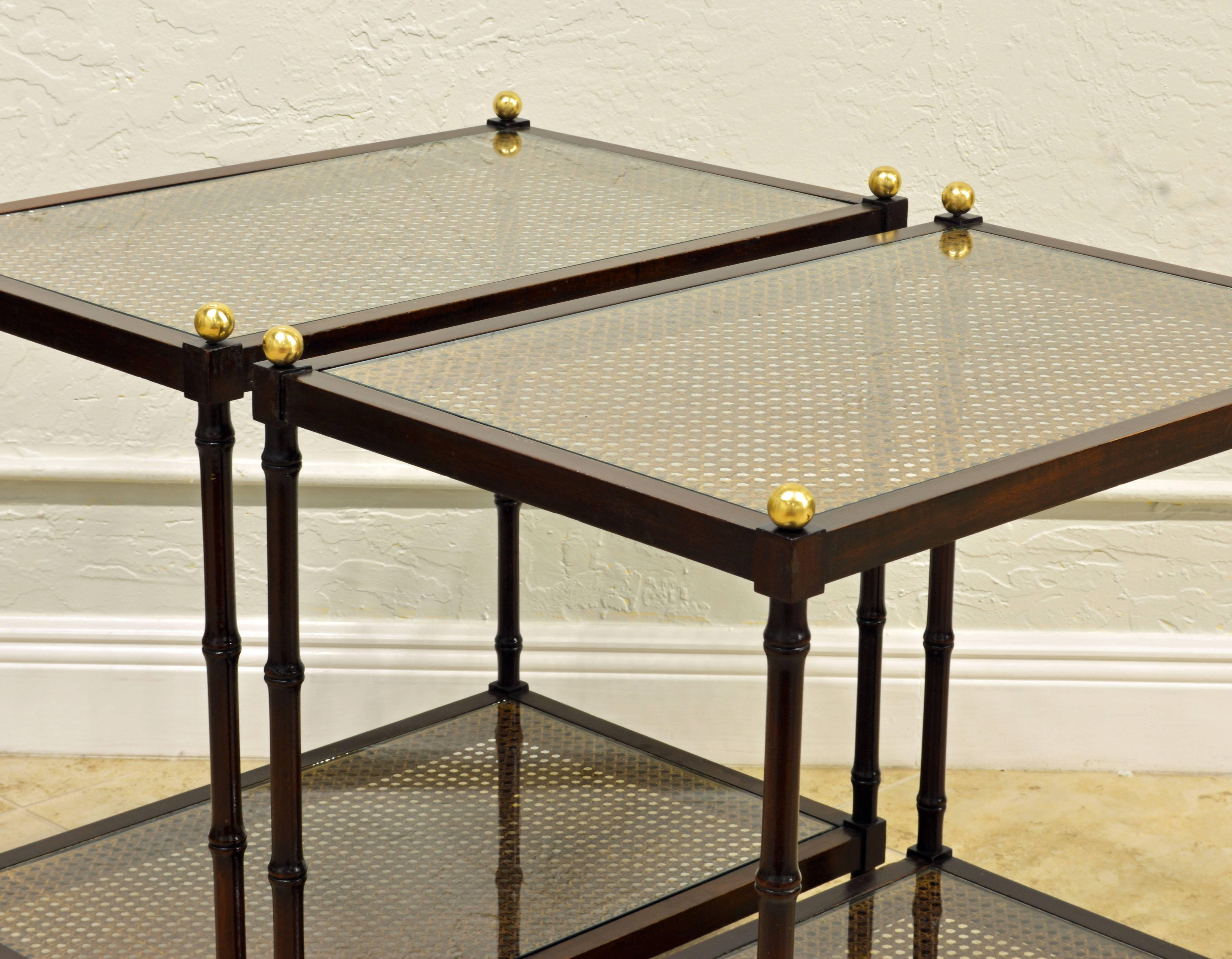 Pair of Regency Style Faux Bamboo Glass and Canetop Tables with Brass Finials 4