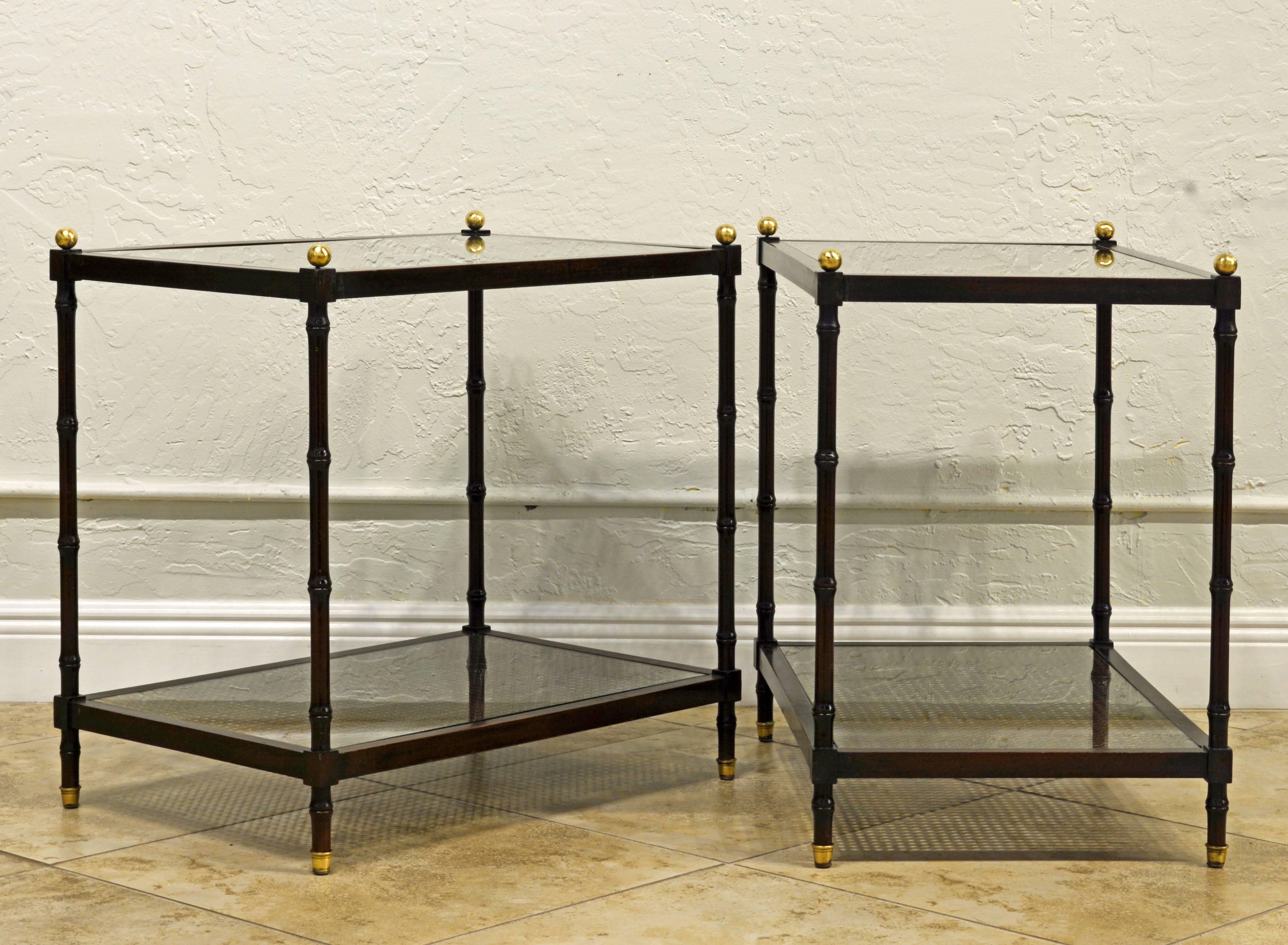 American Pair of Regency Style Faux Bamboo Glass and Canetop Tables with Brass Finials