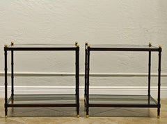 Pair of Regency Style Faux Bamboo Glass and Canetop Tables with Brass Finials