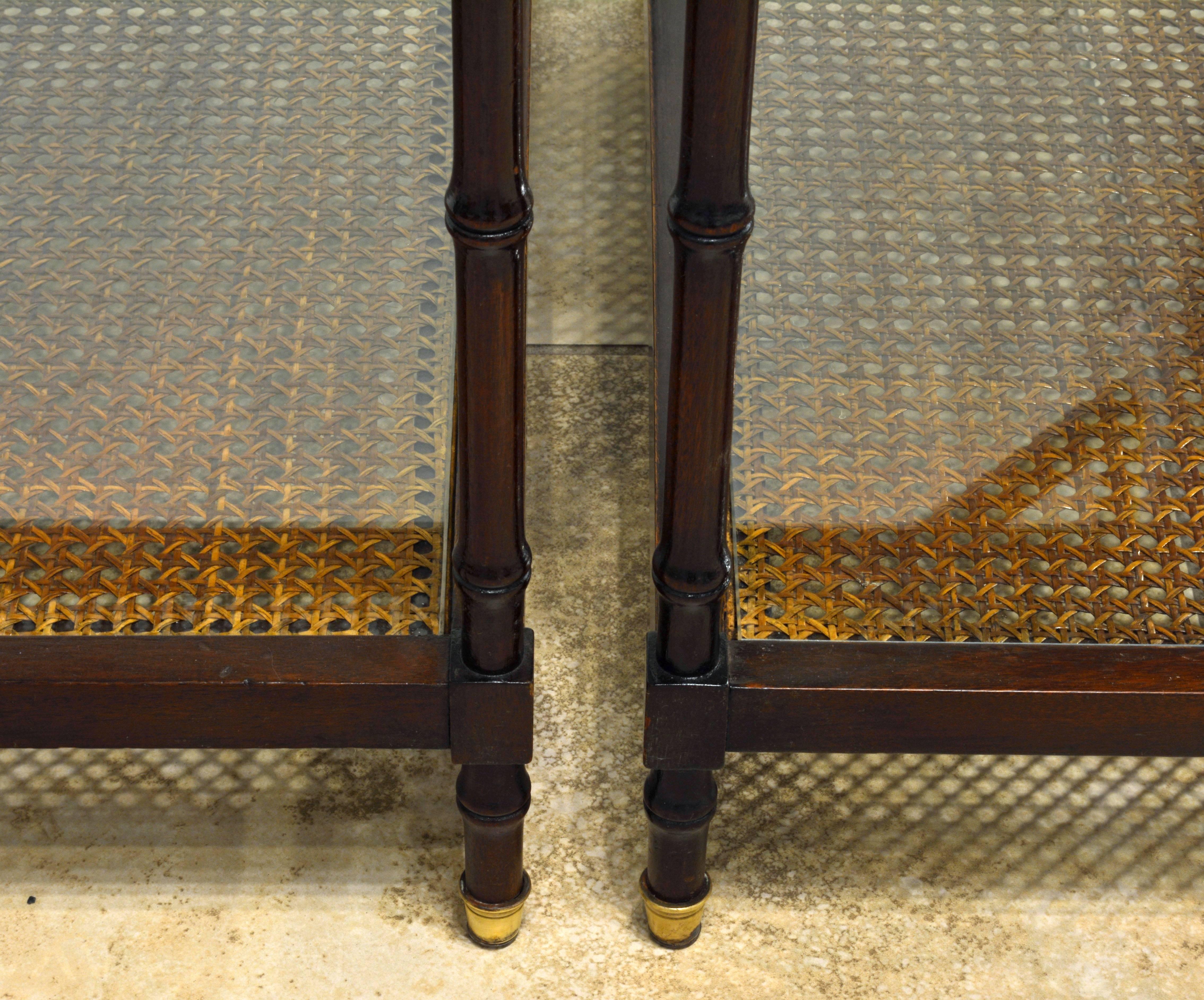 Pair of Regency Style Faux Bamboo Glass and Canetop Tables with Brass Finials 1