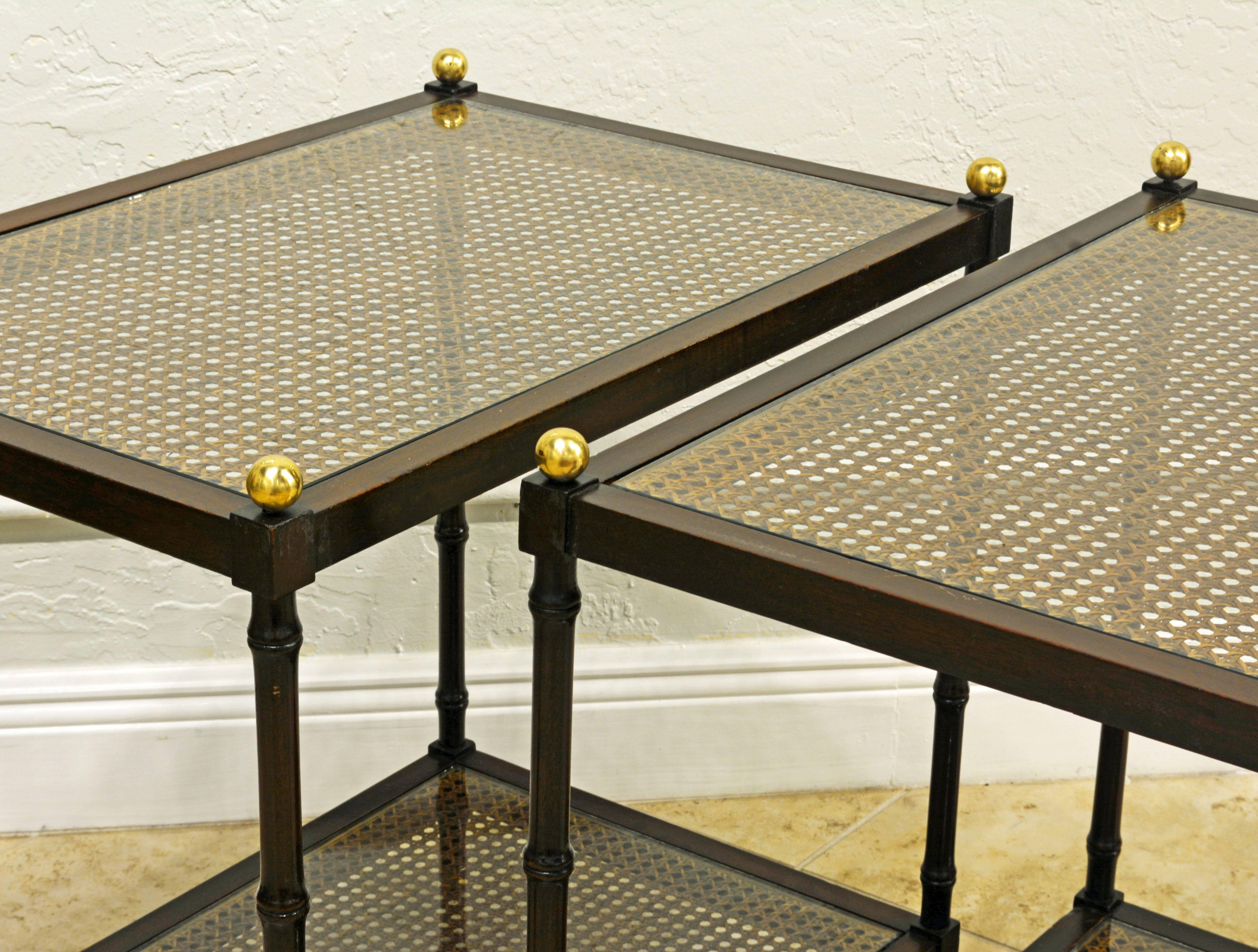 Pair of Regency Style Faux Bamboo Glass and Canetop Tables with Brass Finials 5