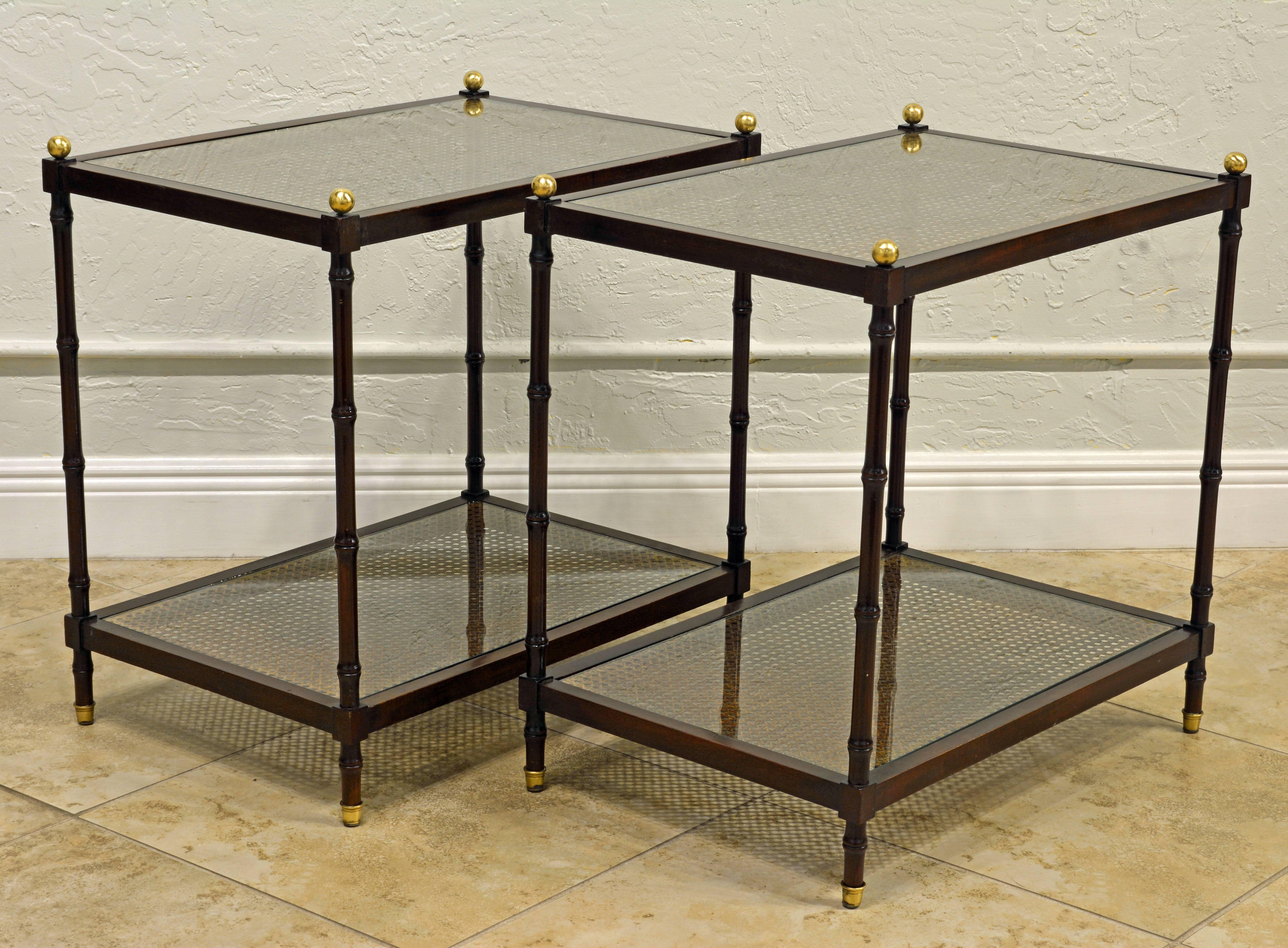 Pair of Regency Style Faux Bamboo Glass and Canetop Tables with Brass Finials In Good Condition In Ft. Lauderdale, FL