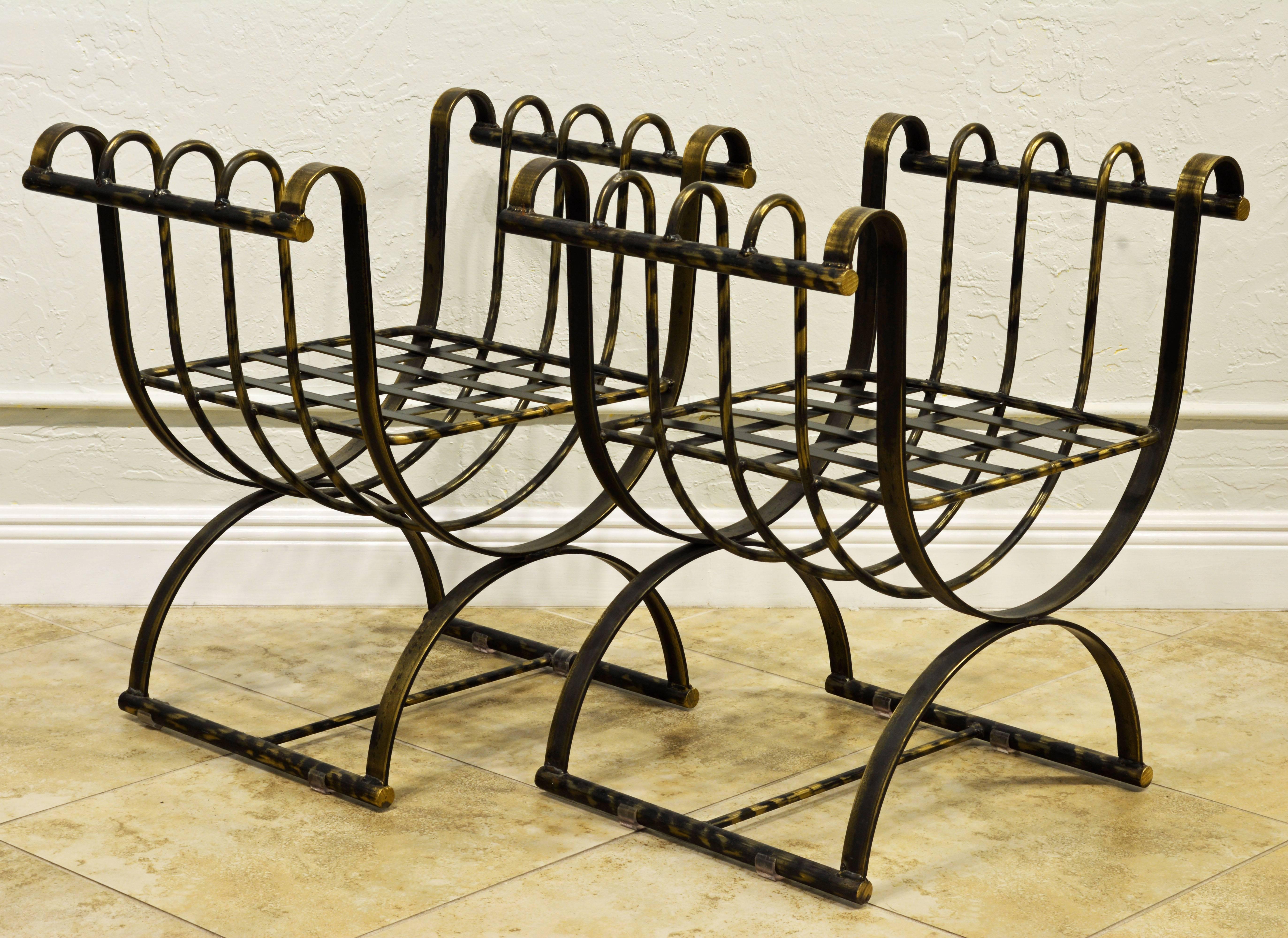 Patinated Pair of Classical Style steel patinated  Curule' Chairs with a Modern Twist