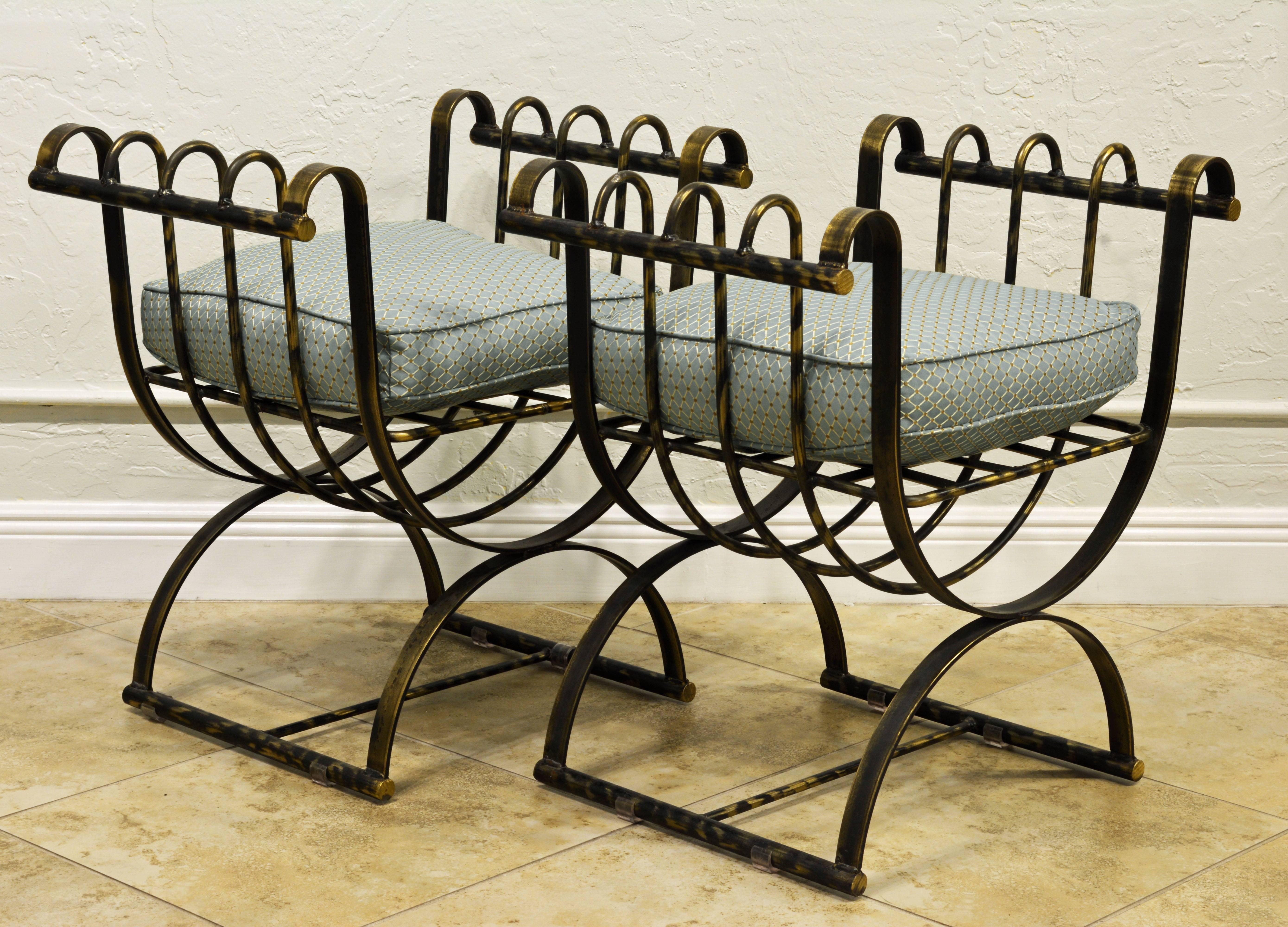 American Pair of Classical Style steel patinated  Curule' Chairs with a Modern Twist