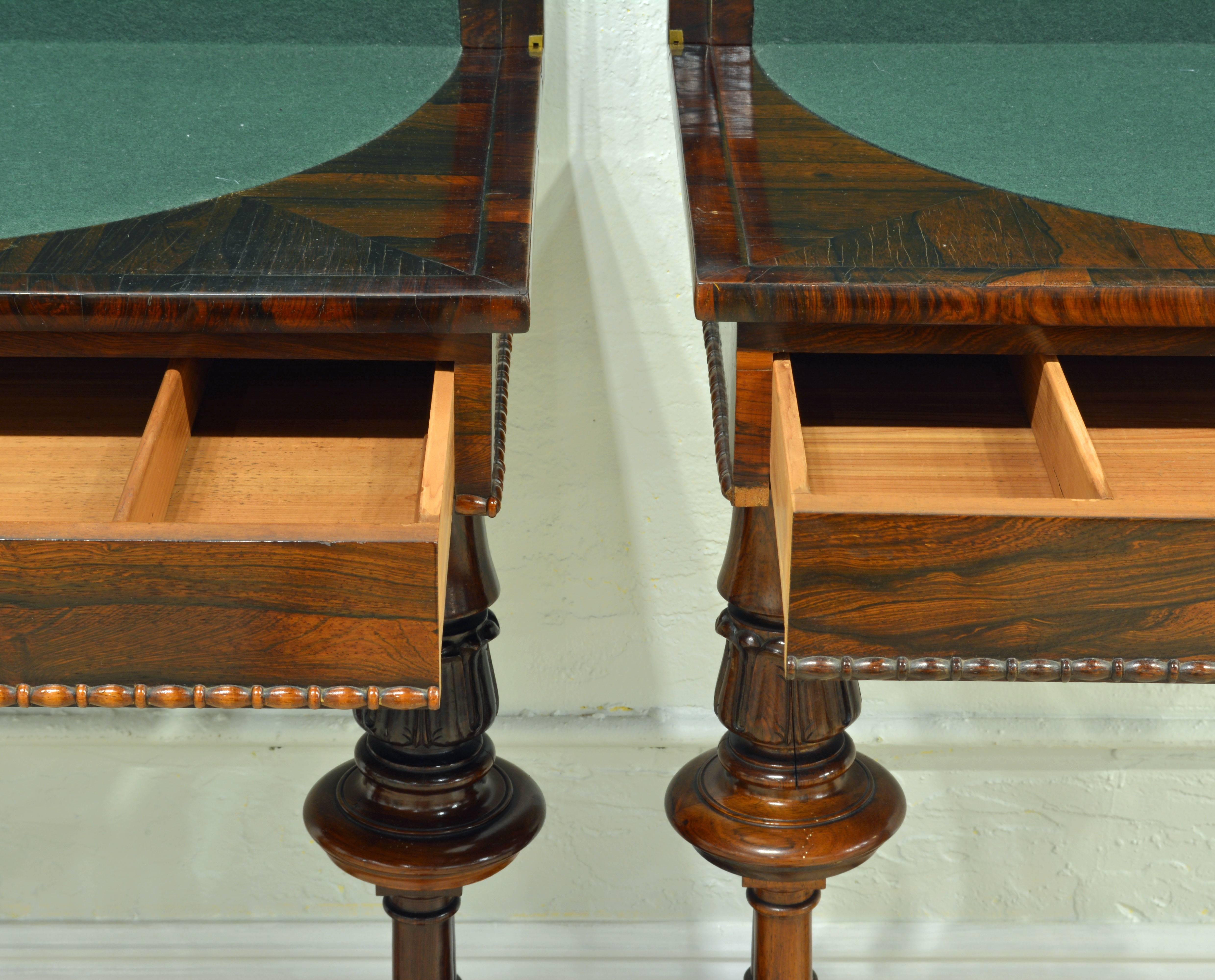 19th Century Rare Pair of Superior William IV Rosewood Twin Pedestal One Drawer Game Tables