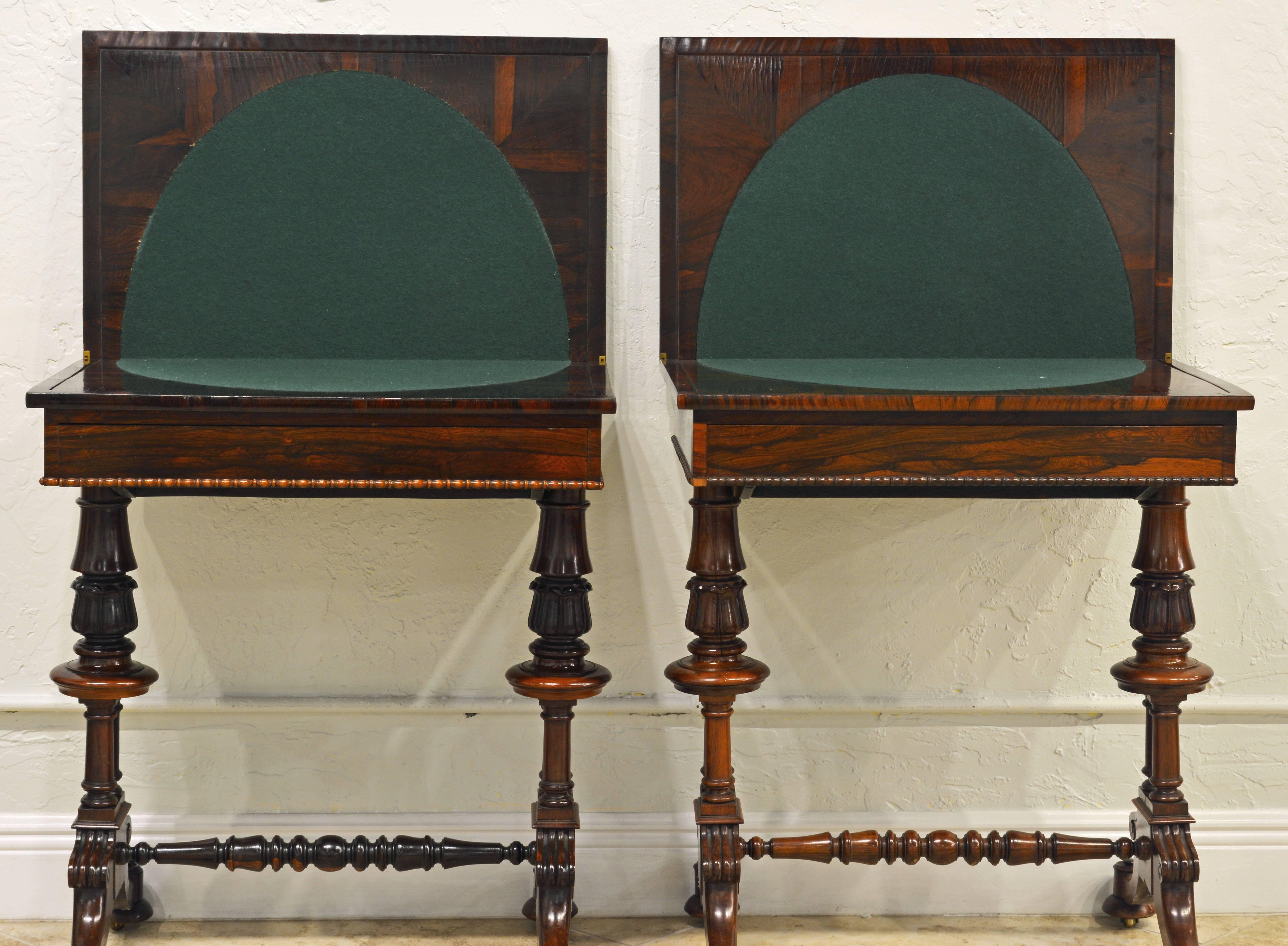 Rare Pair of Superior William IV Rosewood Twin Pedestal One Drawer Game Tables In Good Condition In Ft. Lauderdale, FL