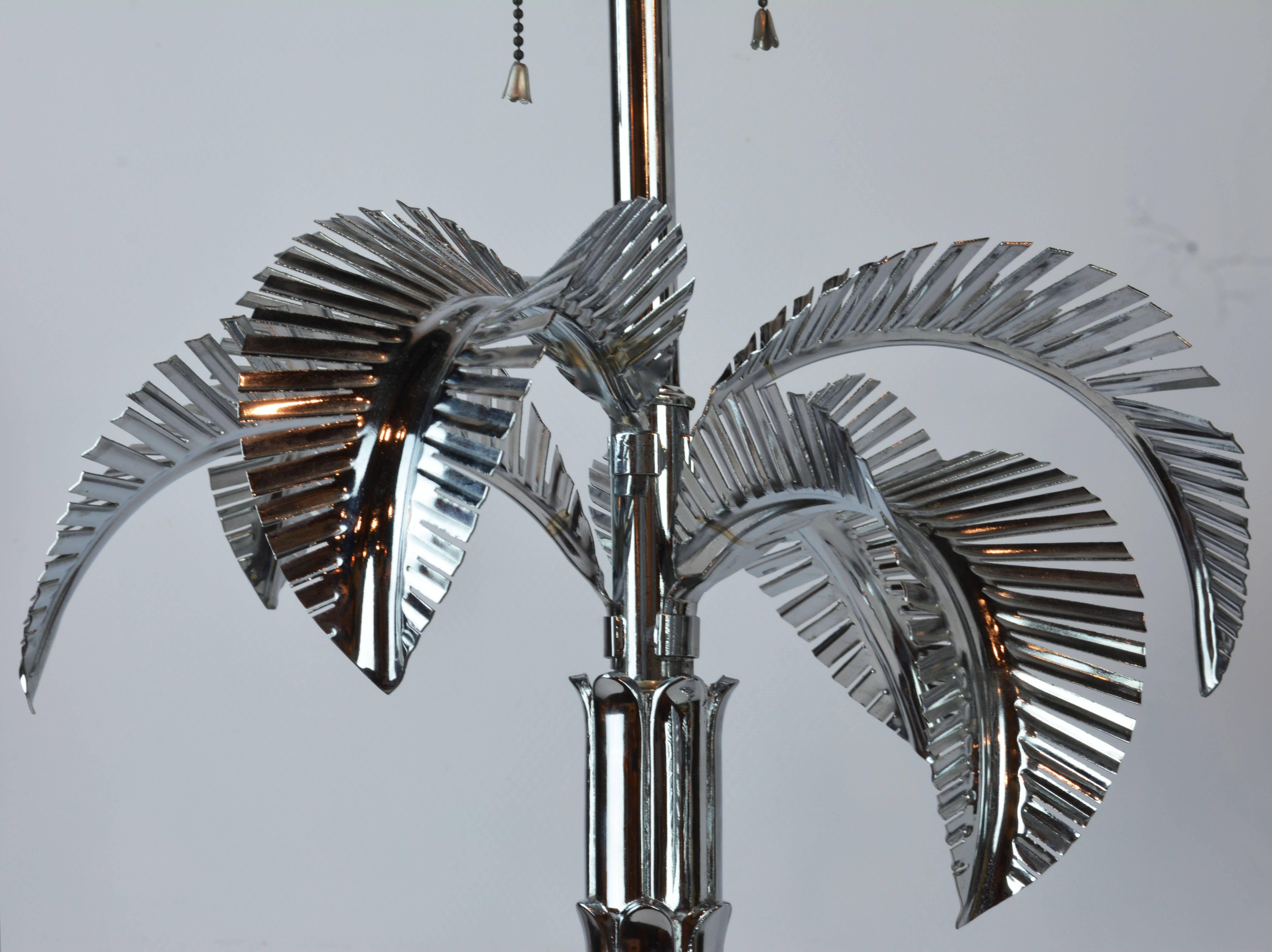 American Pair of Vintage Hollywood Regency Norman Perry Chromed Palm Frond Table Lamps