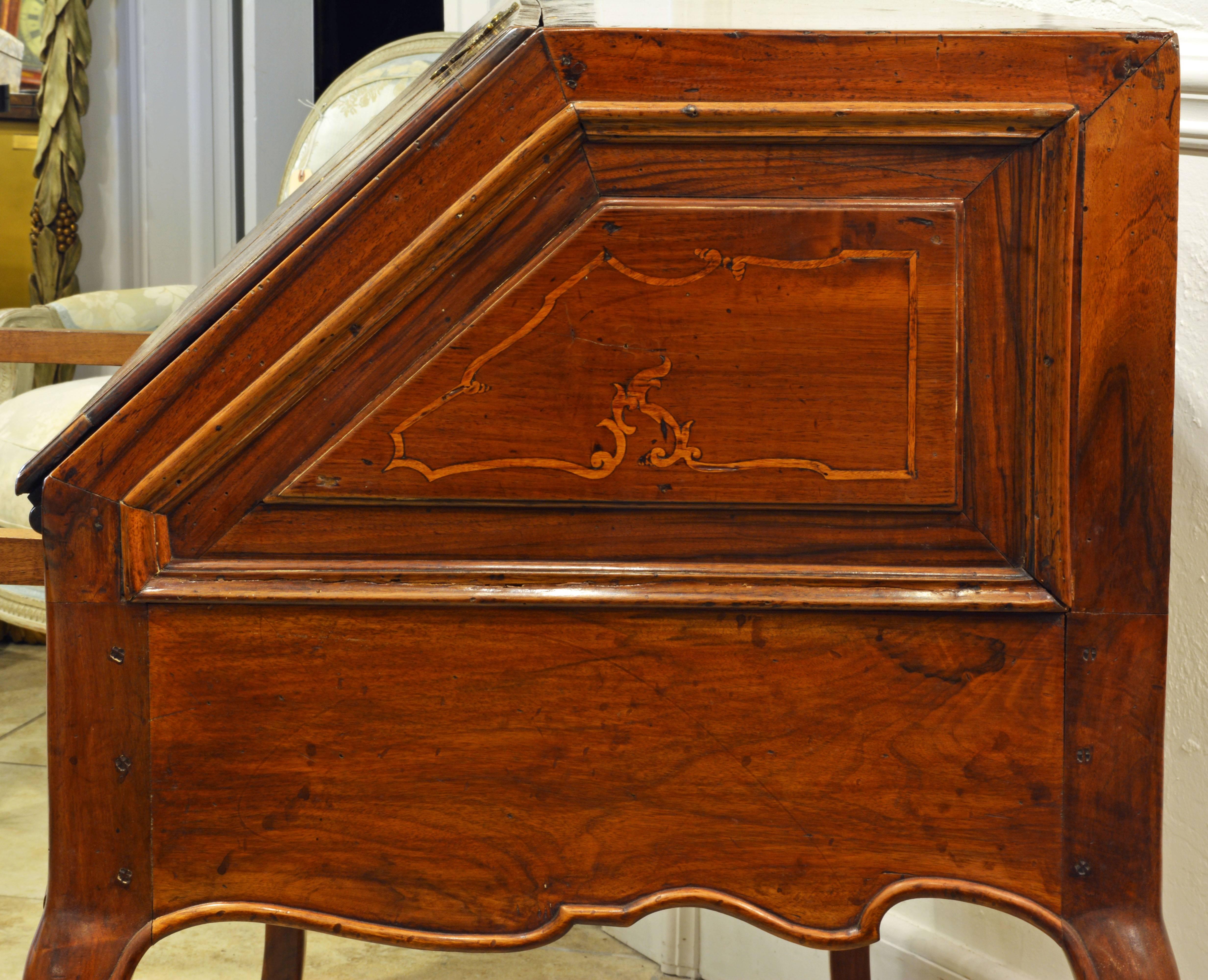 Charming 18th Century Italian Rococo Walnut and Fruitwood Inlaid Fall Front Desk 1