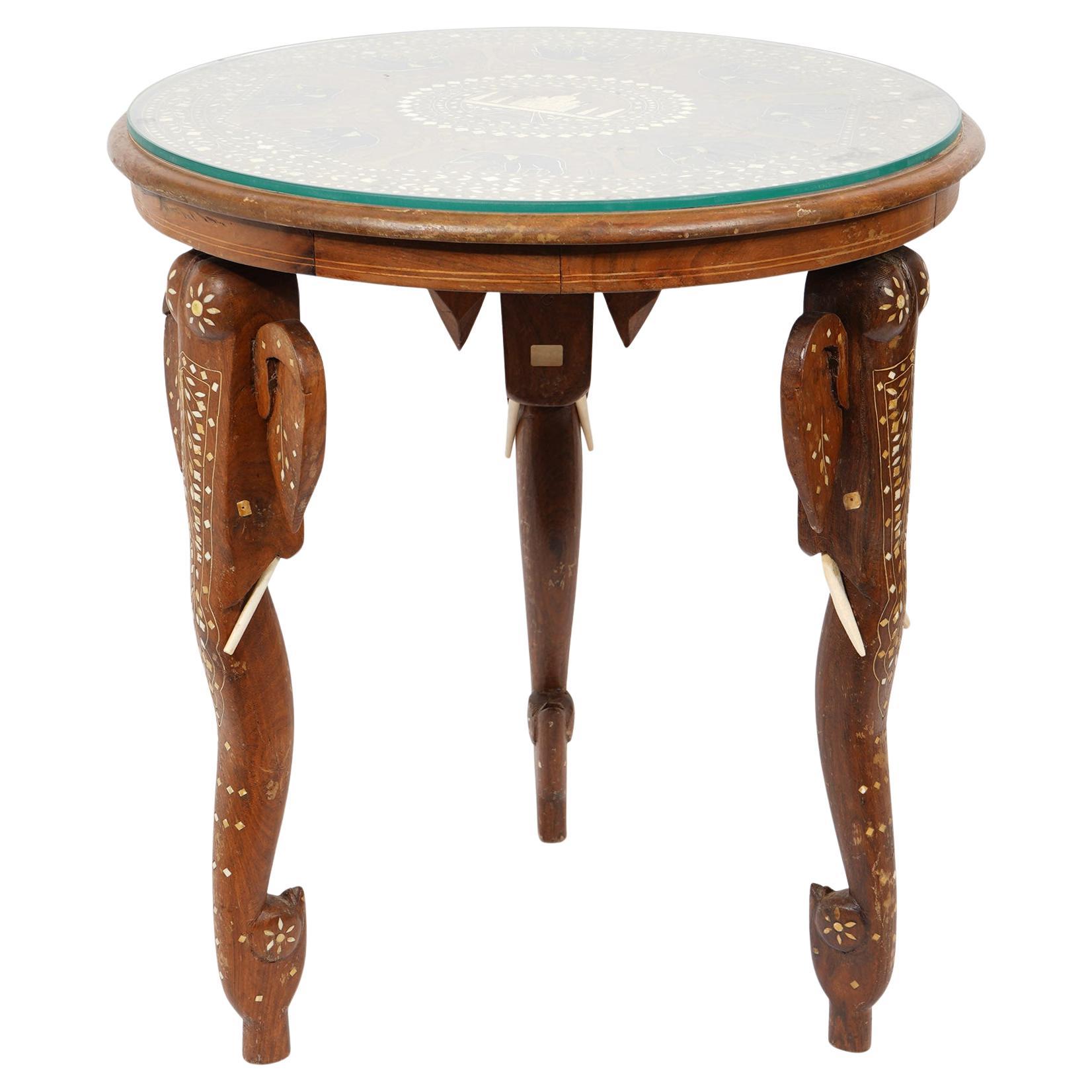 Early 20th Ct. Anglo Indian Carved Wood and Inlaid Round Elephant Table