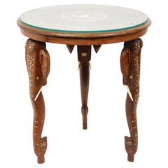 Early 20th Ct. Anglo Indian Carved Wood and Inlaid Round Elephant Table