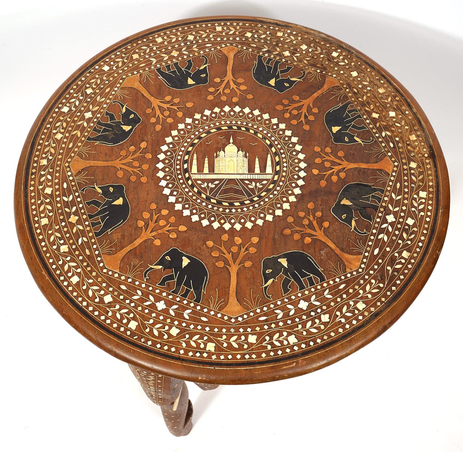 Inlay Early 20th Ct. Anglo Indian Carved Wood and Inlaid Round Elephant Table For Sale