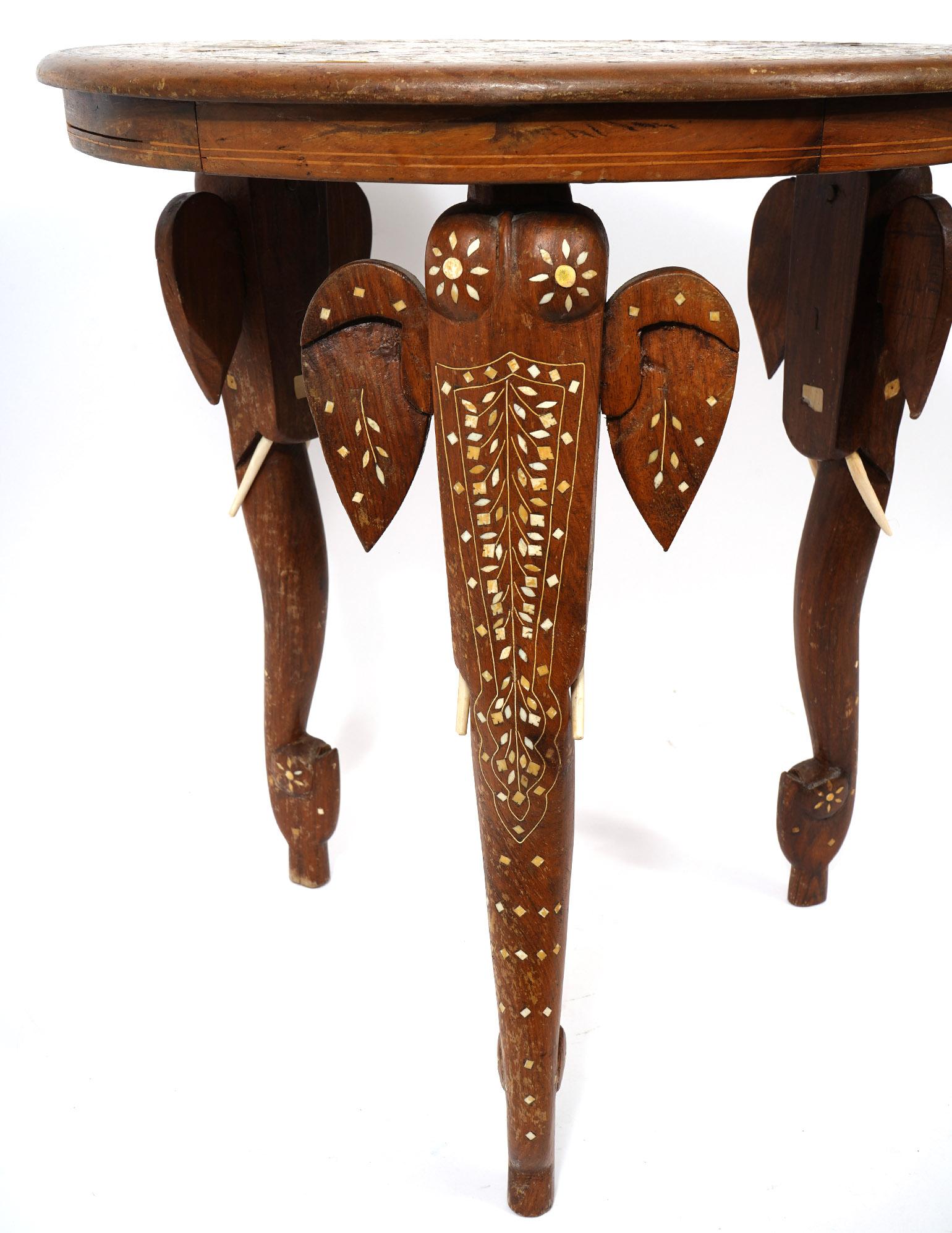 Early 20th Ct. Anglo Indian Carved Wood and Inlaid Round Elephant Table For Sale 1