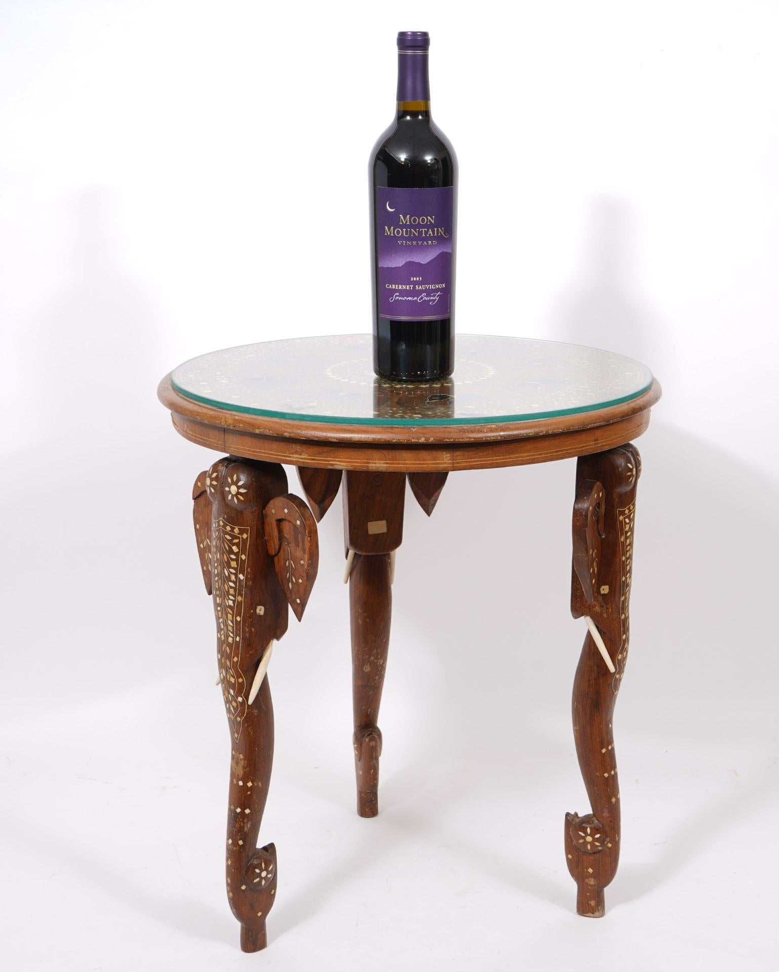 Early 20th Ct. Anglo Indian Carved Wood and Inlaid Round Elephant Table For Sale 4