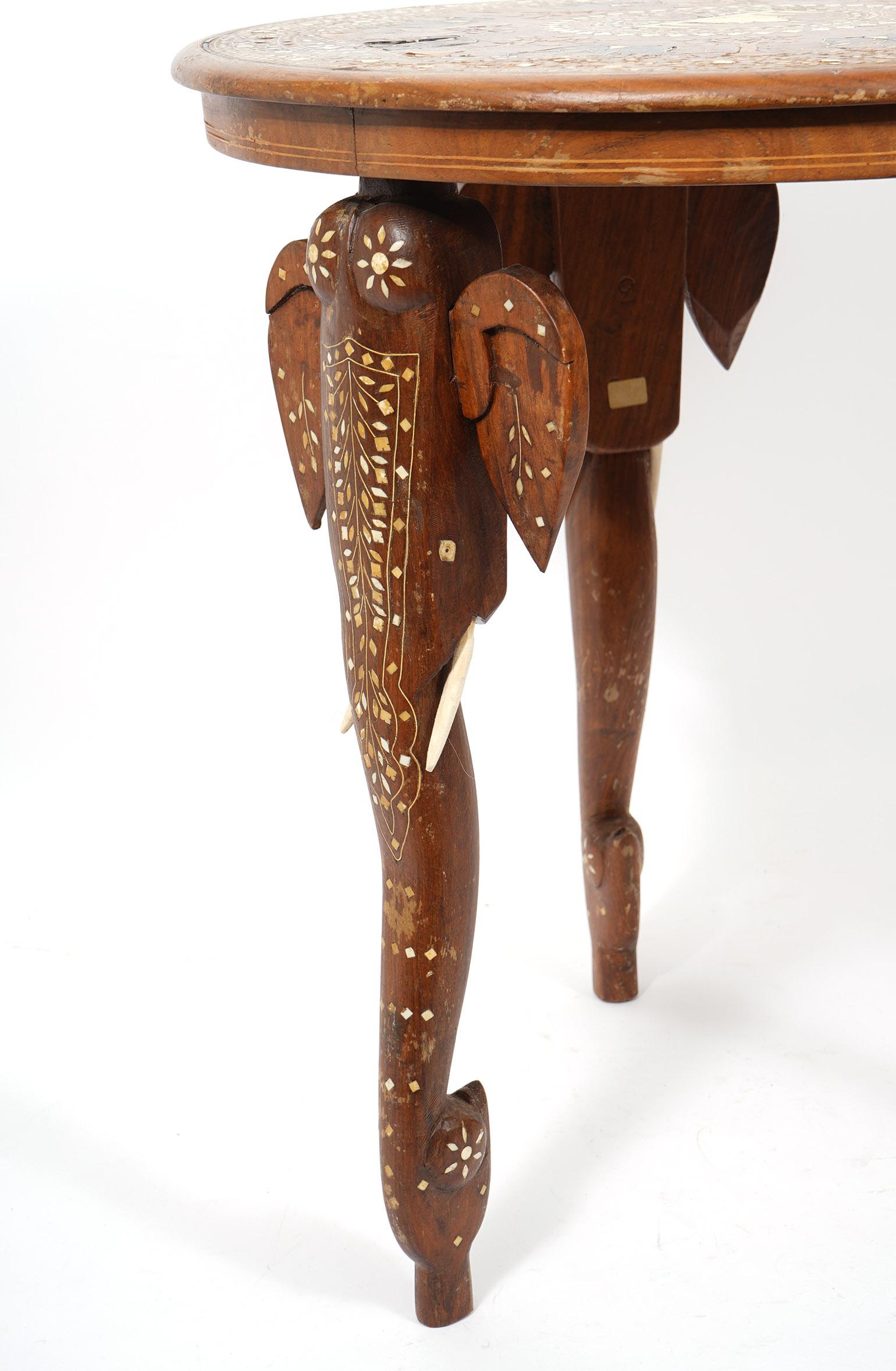 Early 20th Ct. Anglo Indian Carved Wood and Inlaid Round Elephant Table For Sale 3