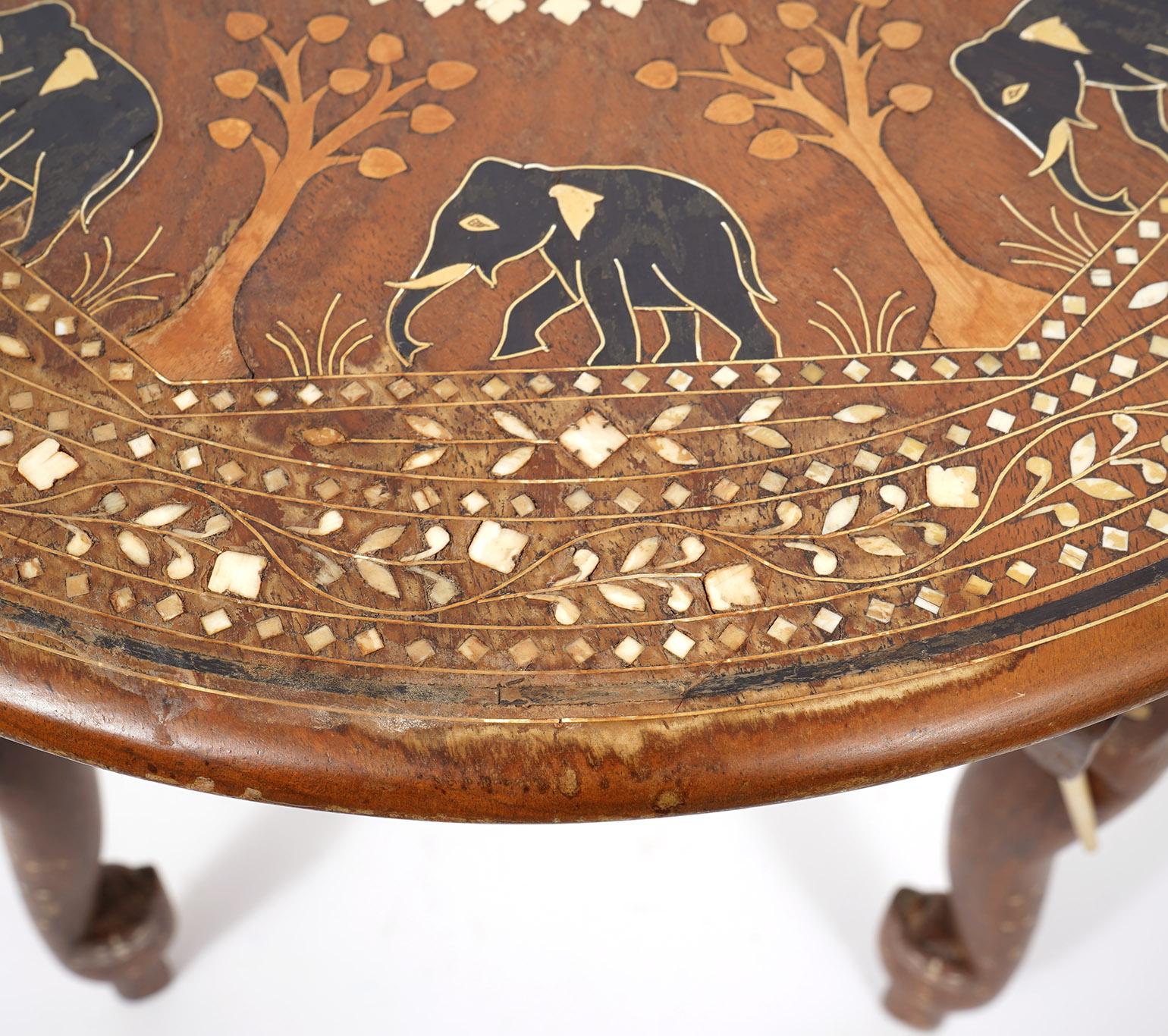Early 20th Ct. Anglo Indian Carved Wood and Inlaid Round Elephant Table For Sale 2