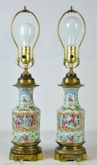 Pair of Small-Scale Chinese Rose Mandarin Lamps with Bronze Mounts