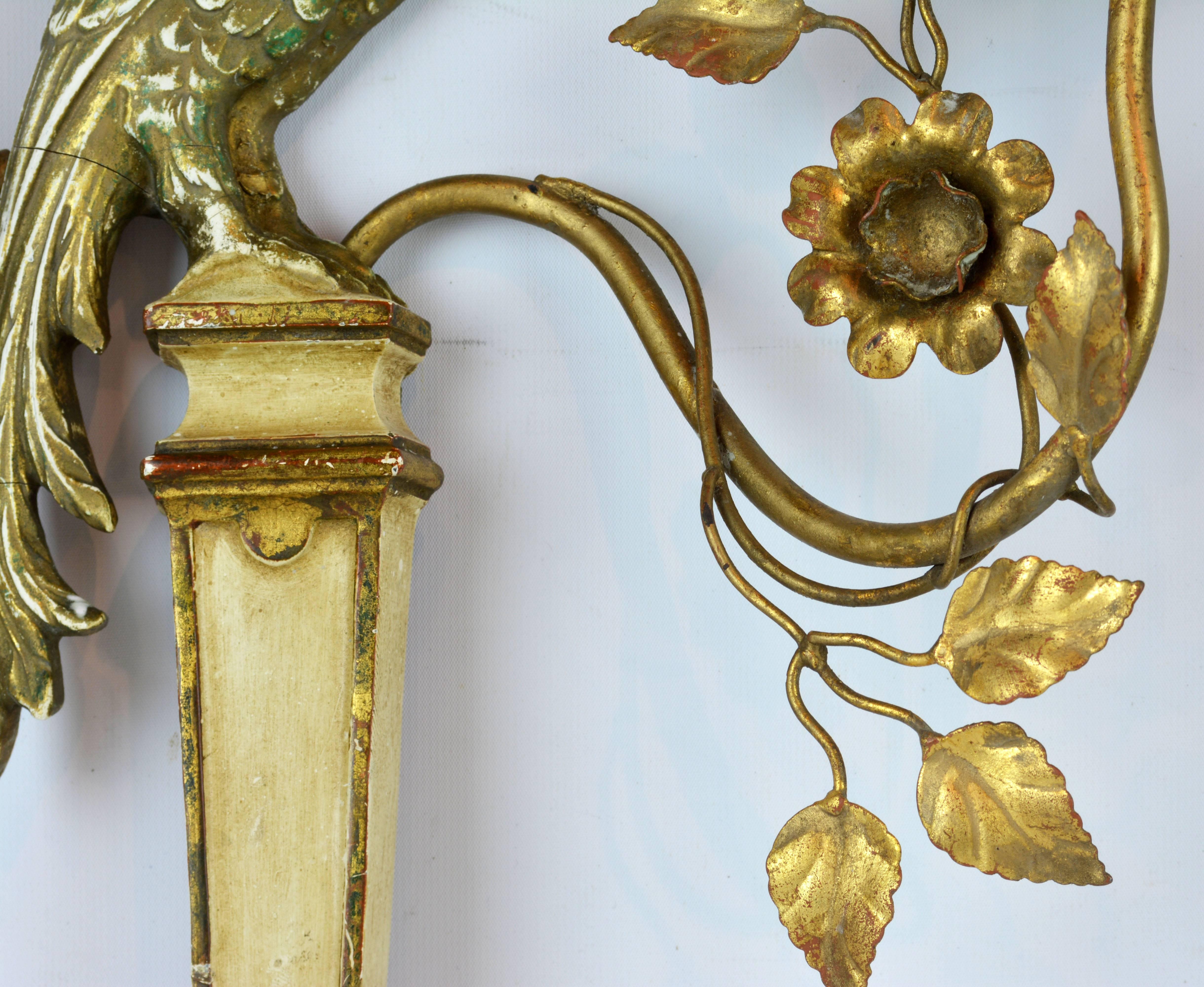 Exceptional Pair of Maison Baguès Style French Mid-Century Gilt Parrot Sconces In Good Condition In Ft. Lauderdale, FL