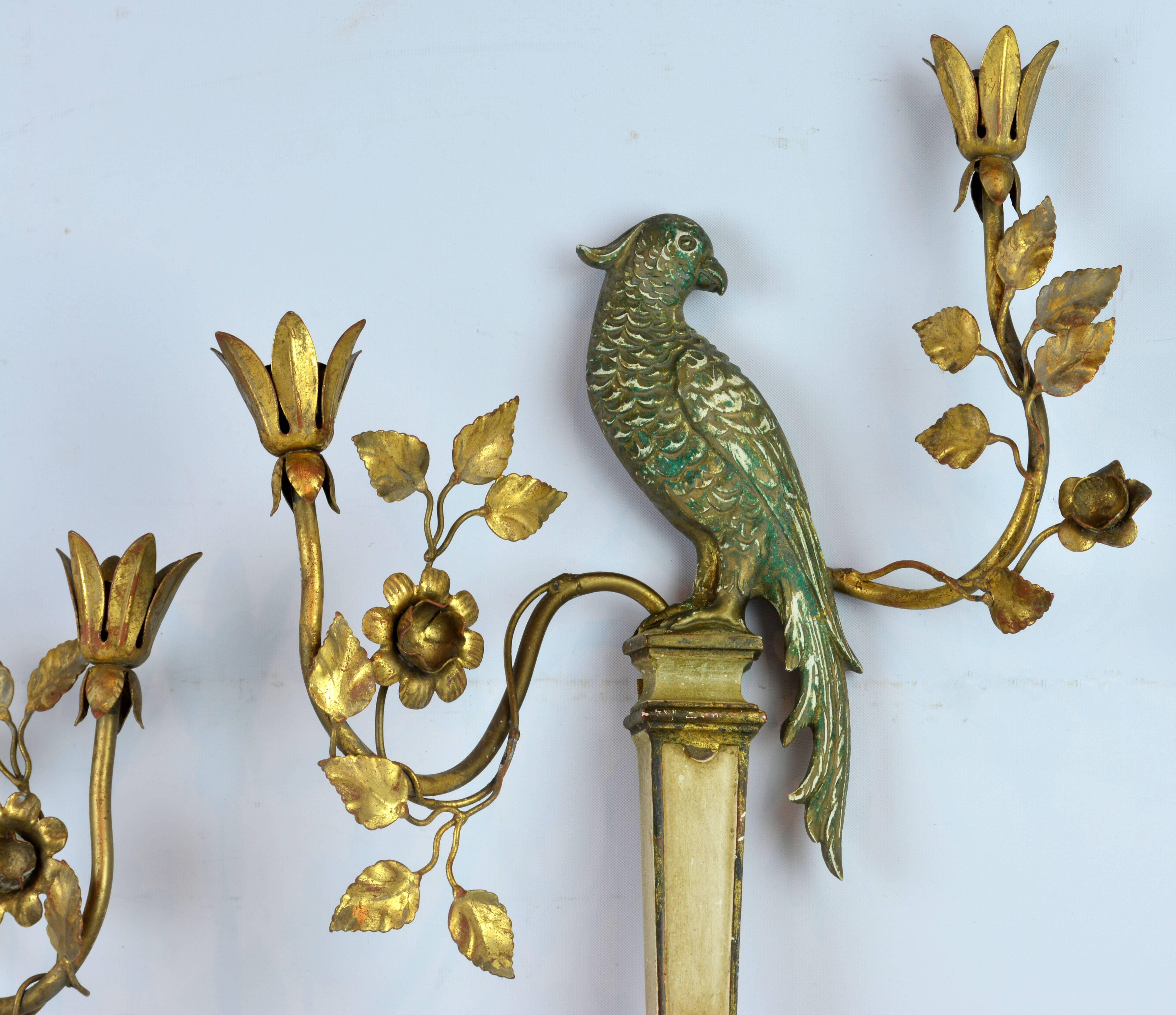 These wonderful wall sconces in the style of Napoleon III feature carved parrots perched atop classical tapered 'stems' from which naturally curved gilt bronze arms with foliage and flowers strives upwards to carry the lights. Retaining their