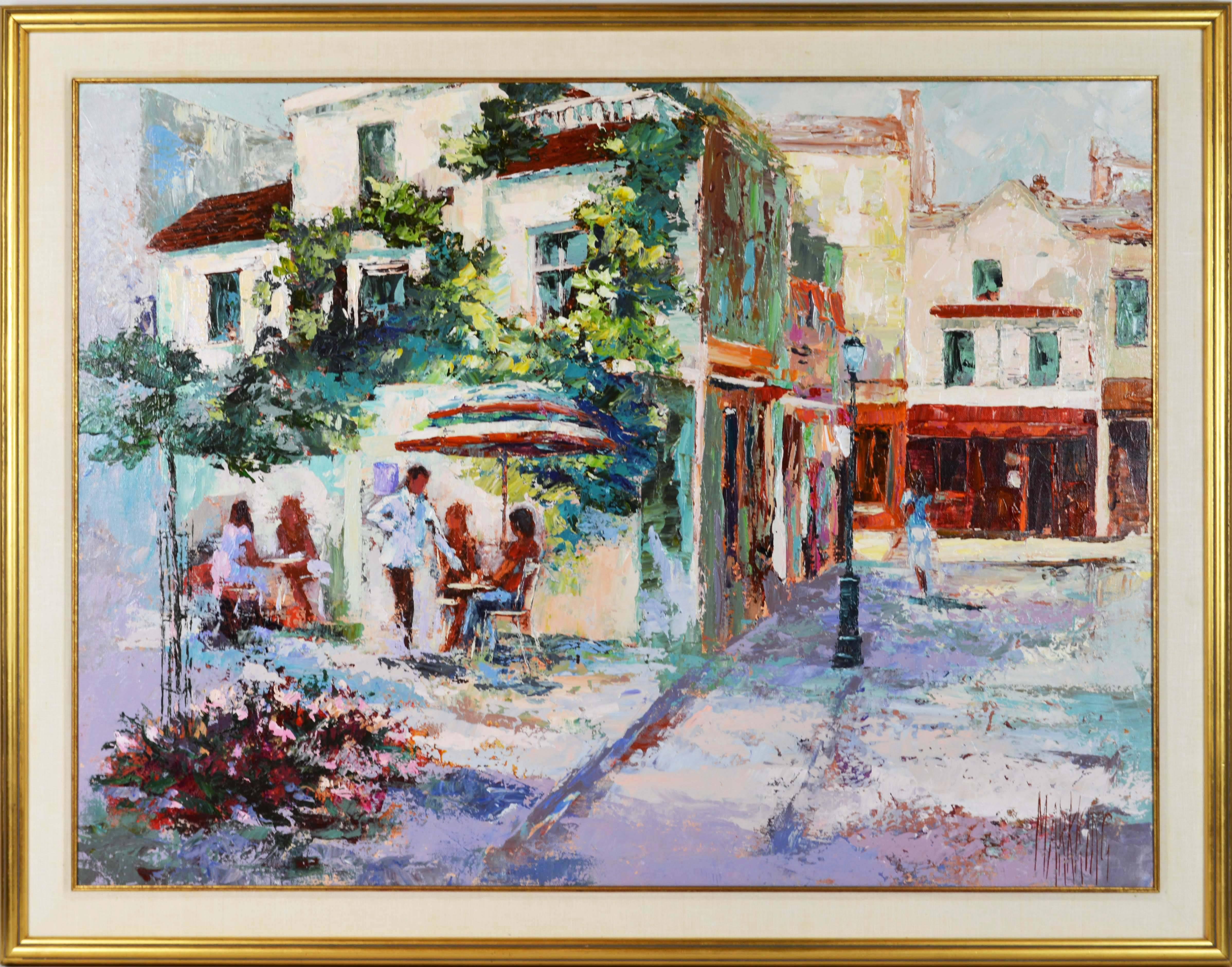 

'The French Village Cafe'
by Mark King, American (born in India, 1931-2014)
Measures: 34 x 48 in without frame, 42 x 54 in including frame, oil on canvas, signed.
Housed in a giltwood gallery frame.

Mark King:

Mark King, a champion of