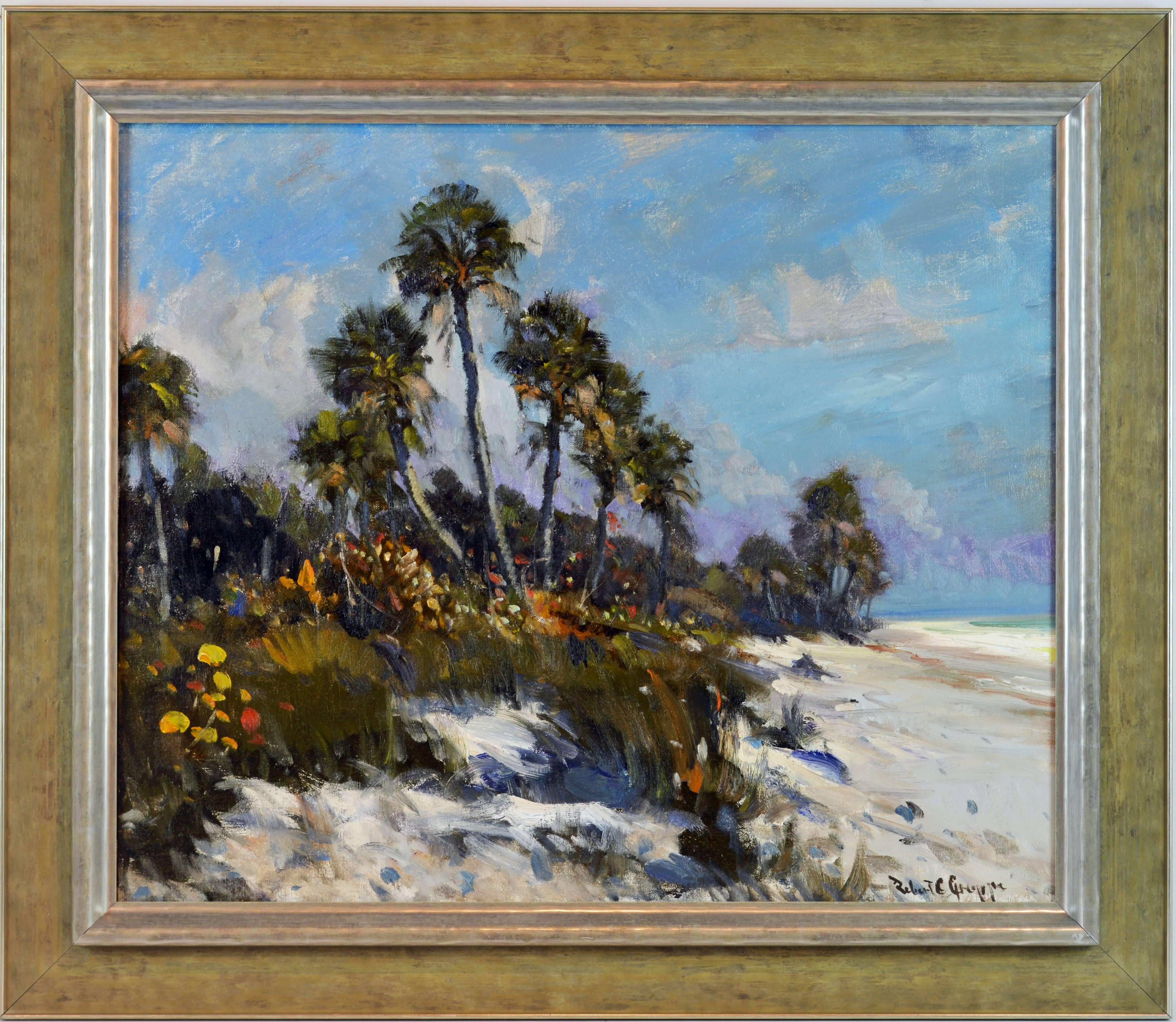 An excellent 25 x 30 in. Oil on canvas by legendary Robert C, Gruppe, American B. 1944 with confident brushstrokes and a subtle palette Robert Gruppe captures the very essence of the unspoiled tropical beach. Signed on the front and titled by the