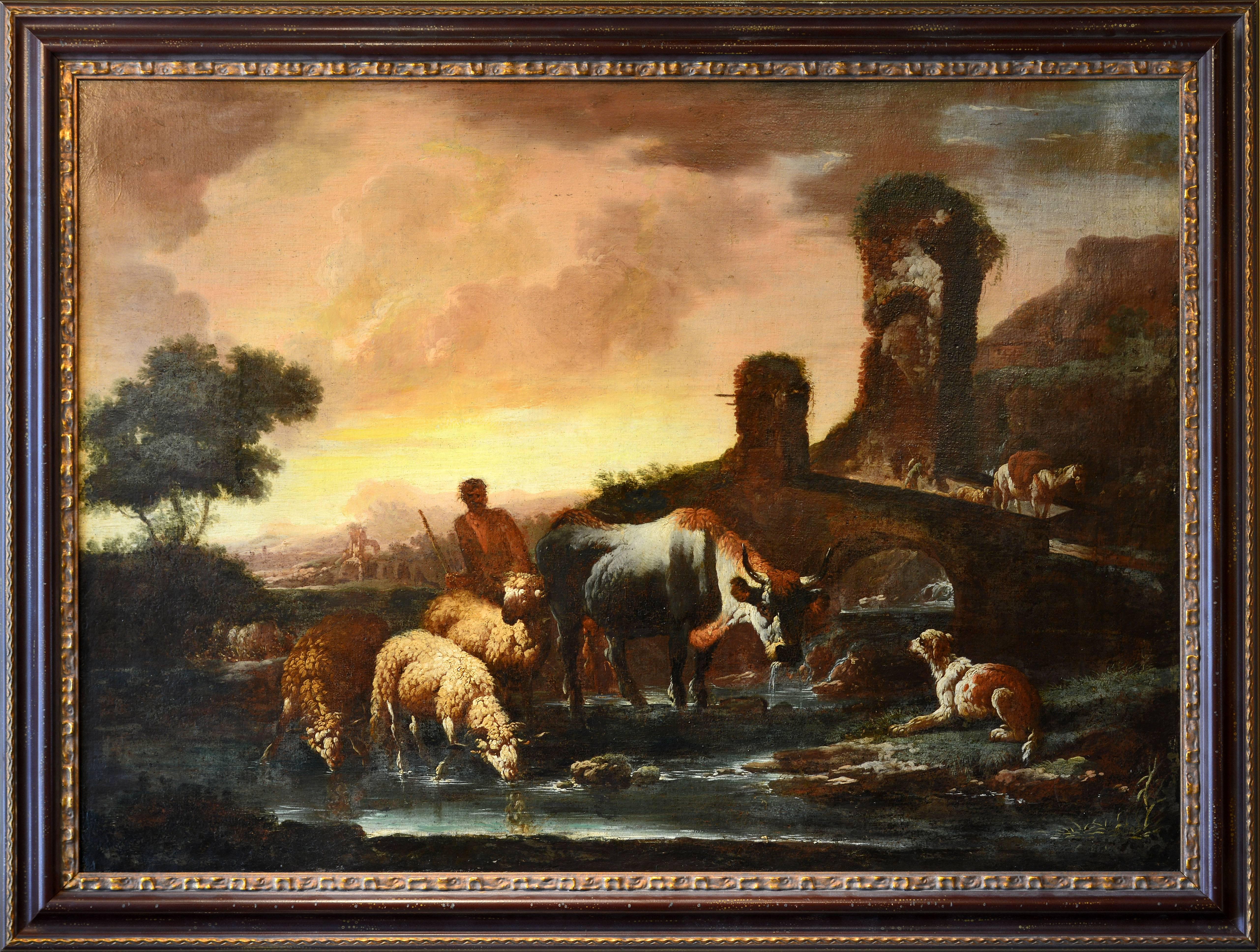 'A Shepherd and his flock in an Italianate Landscape with ruins. In the Background Peasants crossing a Bridge'
School of Phillip Peter Roos (Rosa da Tivoli), German Baroque Painter, 1651-1705.
38 x 53 in. w/o frame, 47 x 62 in. including frame,
