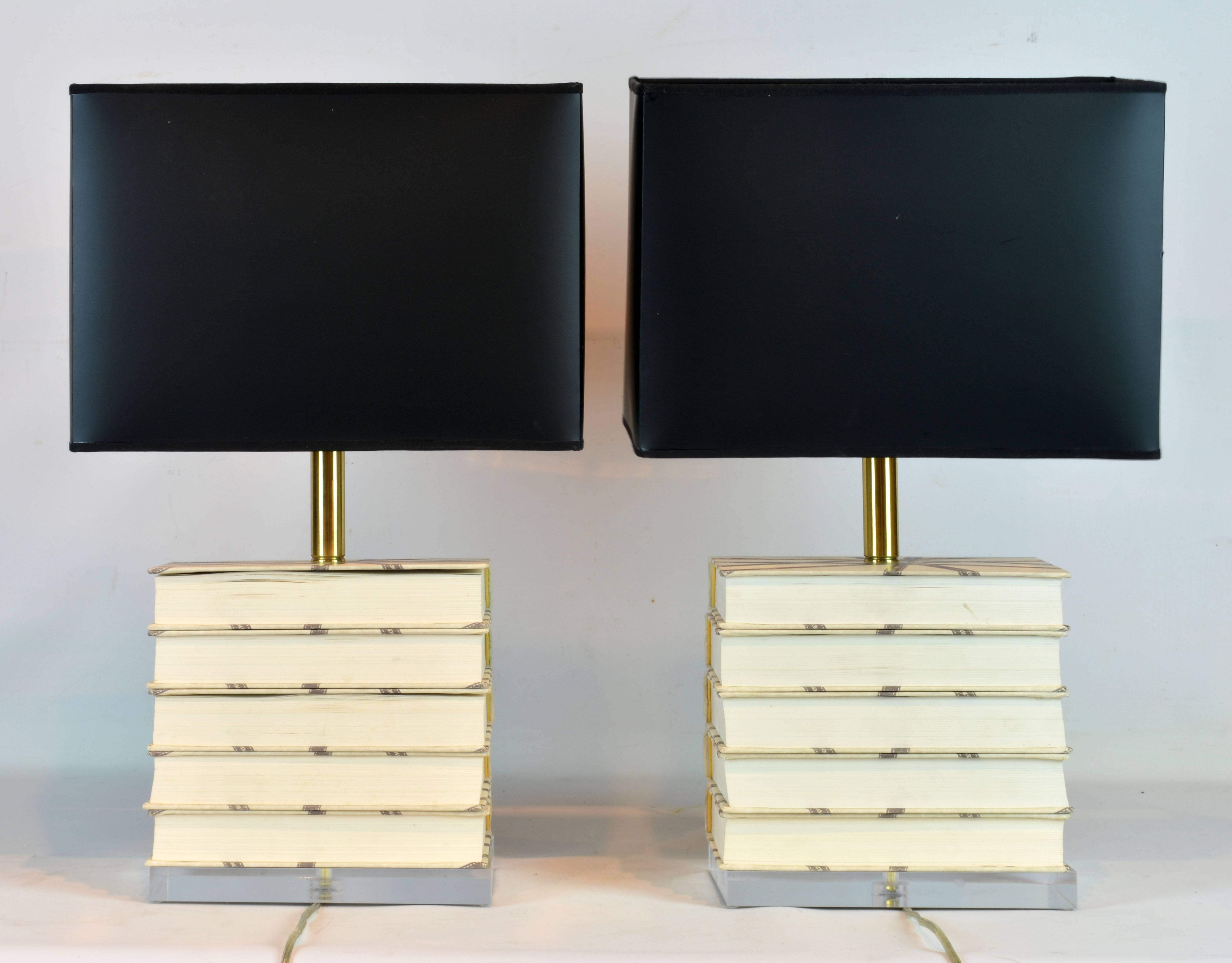 Modern Pair of Vintage Custom Designed Book Lamps with Fashion Decor on Lucite Bases