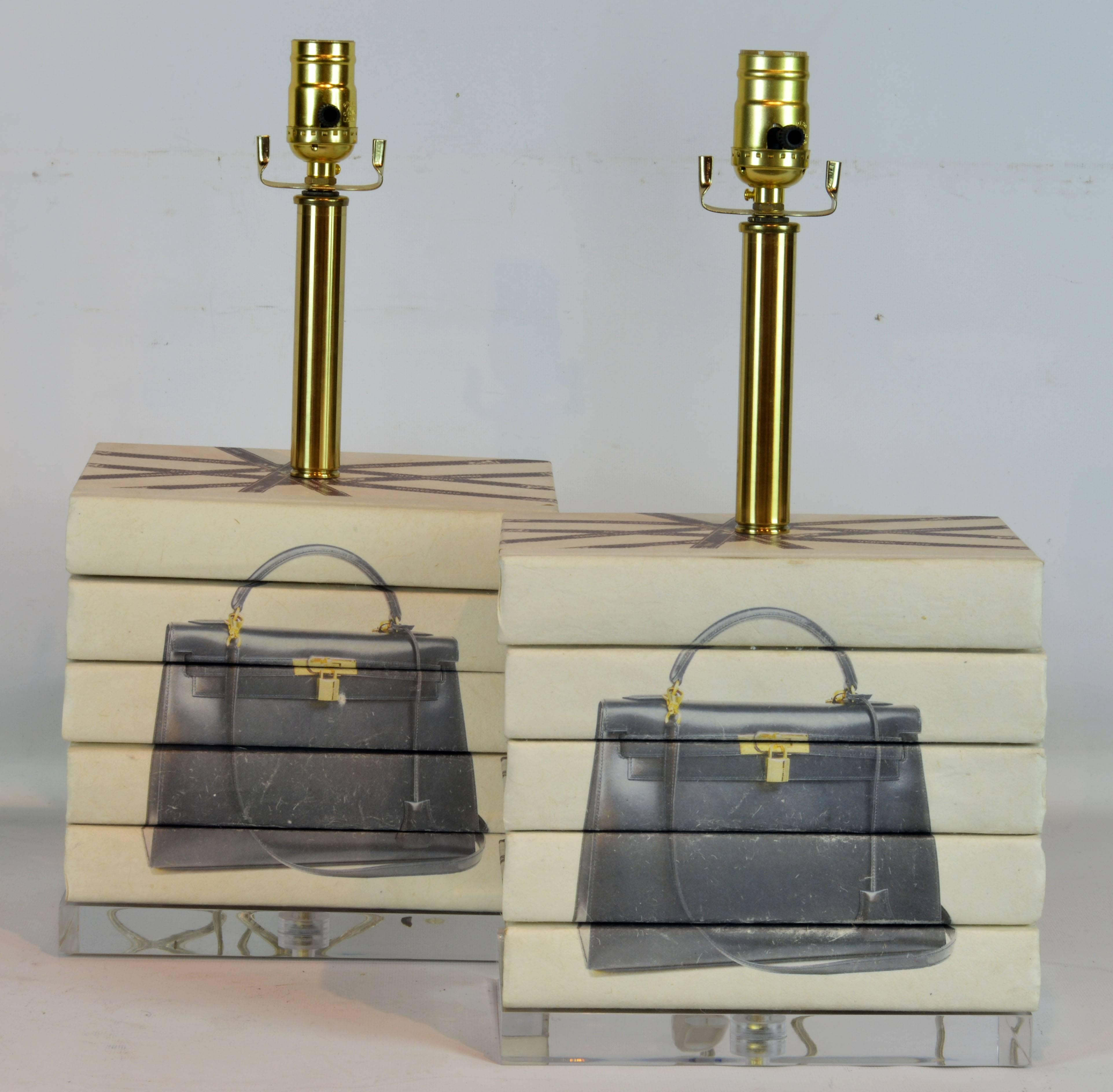 20th Century Pair of Vintage Custom Designed Book Lamps with Fashion Decor on Lucite Bases