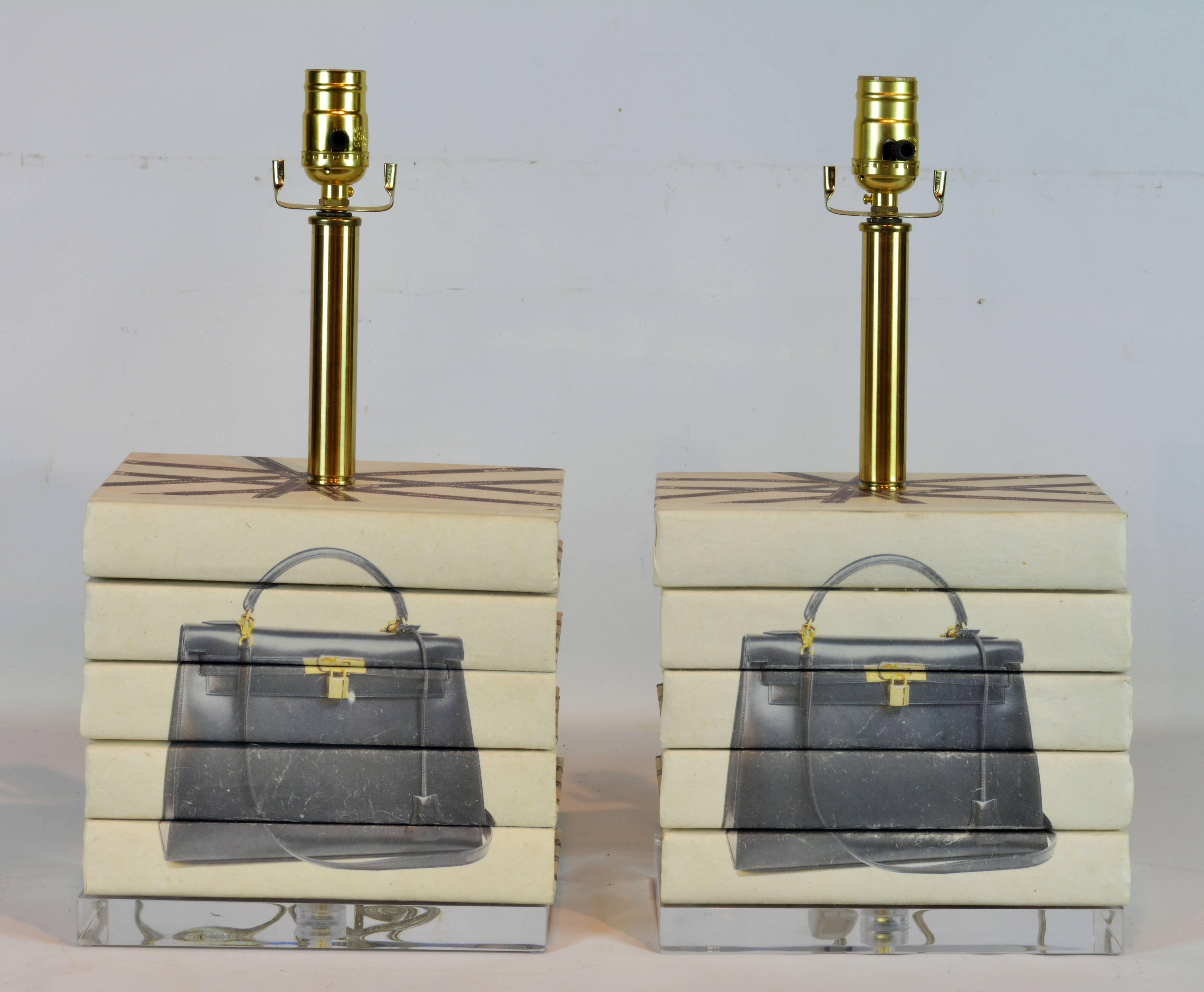 Pair of Vintage Custom Designed Book Lamps with Fashion Decor on Lucite Bases In Good Condition In Ft. Lauderdale, FL