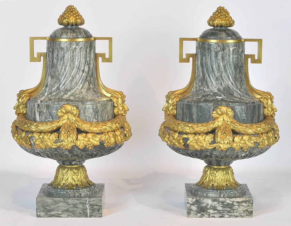French Pair of 19th Ct. Louis XV Carved Marble and Bronze Castlettes or Urns