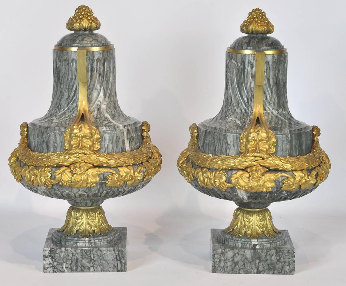 Pair of 19th Ct. Louis XV Carved Marble and Bronze Castlettes or Urns In Excellent Condition In Ft. Lauderdale, FL