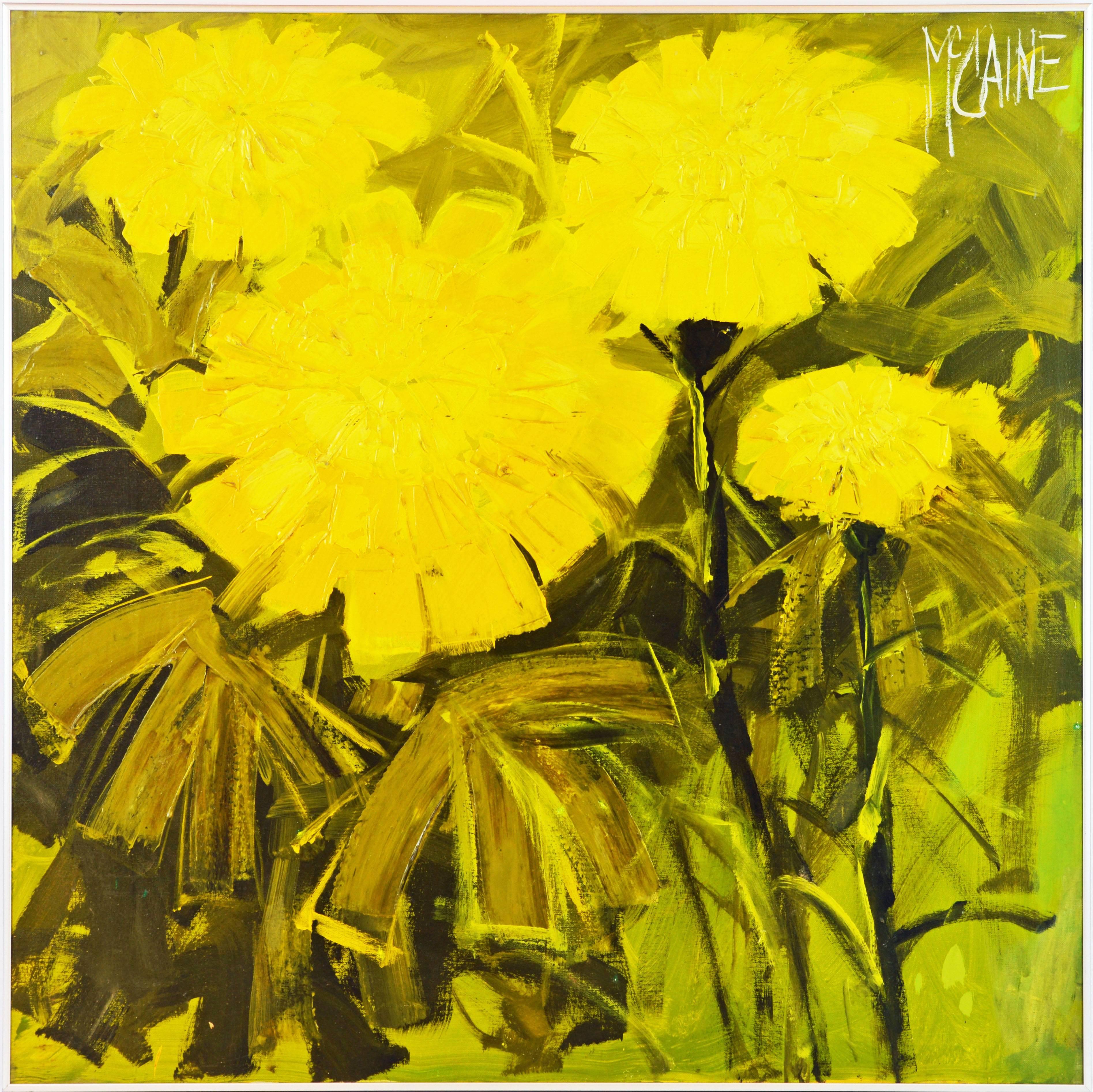 'Yellow Flowers in the Sun
by Robert McCaine, Mid-Century palm springs artist
36 x 36 in. w/o frame, 36.5 x 36.5 in. including frame
Oil on canvas, signed upper right corner
Housed in a modern minimalist brushed aluminum frame.

Robert