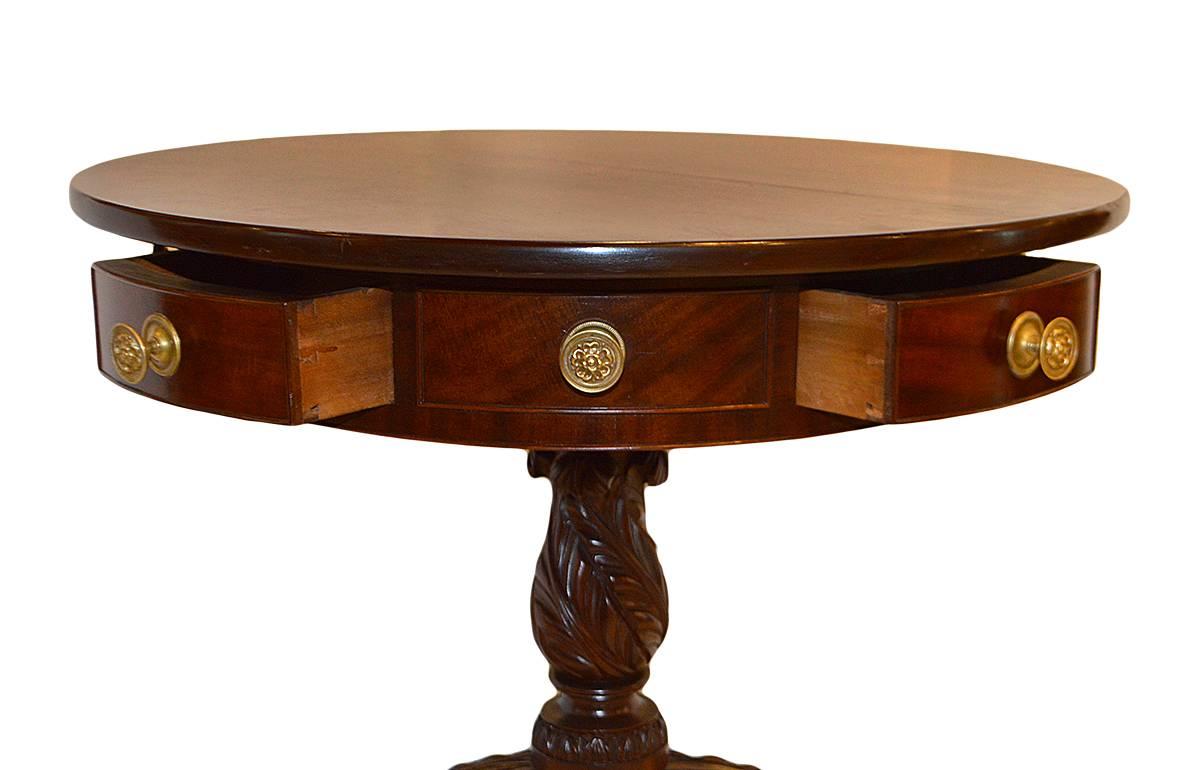 19th Century Federal Carved Mahogany Round Table with Brass Feet In Good Condition In Ft. Lauderdale, FL