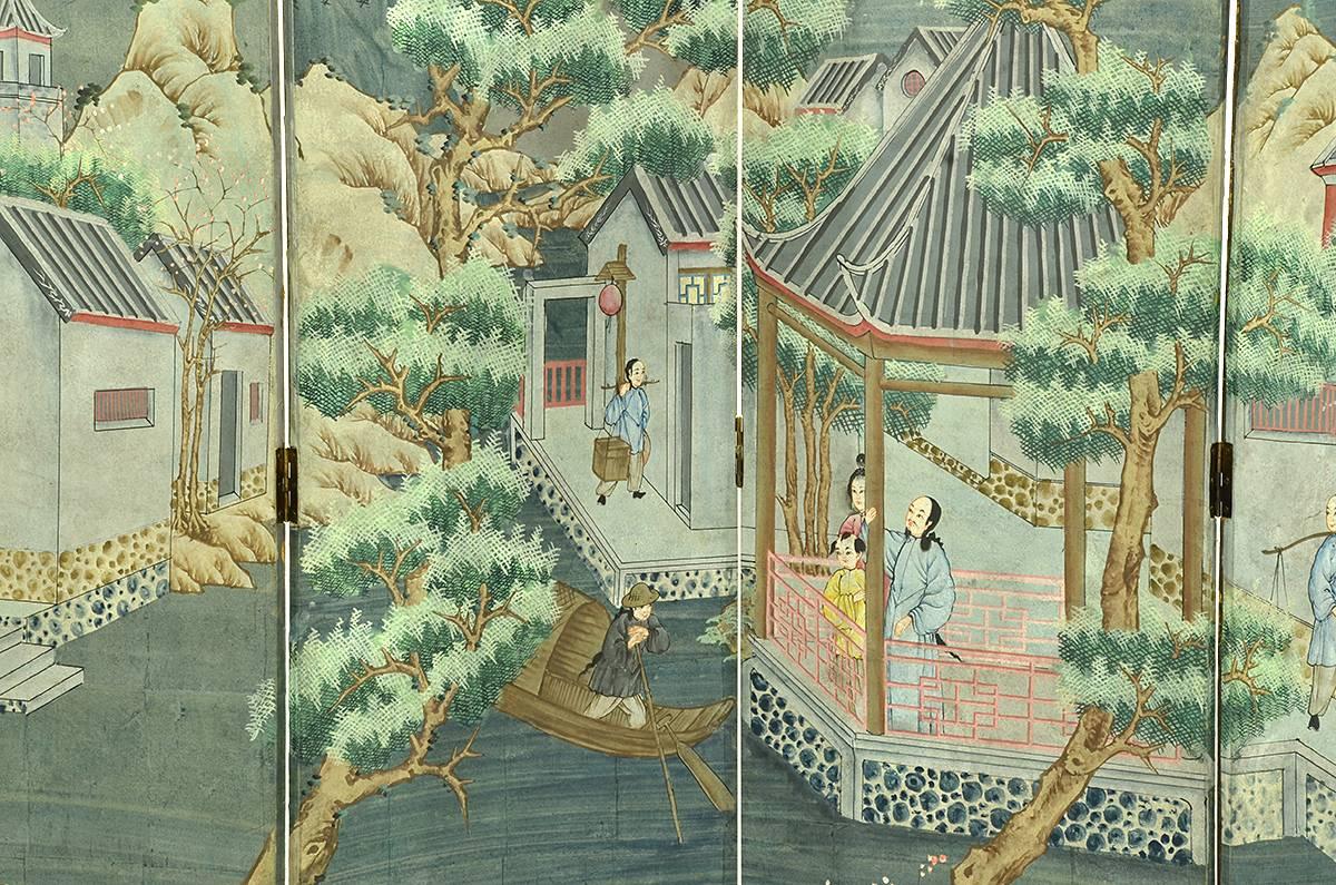 Early 20th century Chinese painted wallpaper screen. Six panels. Signed. Village scene.