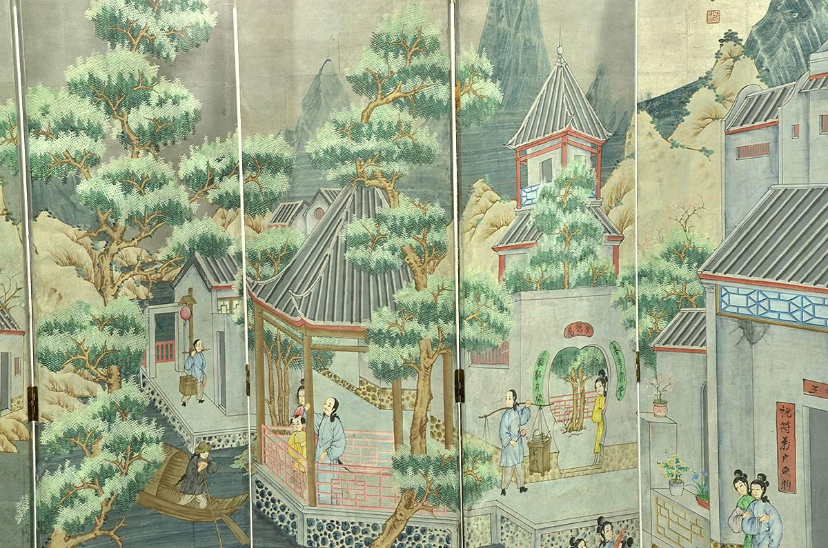 Early 20th Century Chinese Painted Watercolor Wallpaper Screen 1