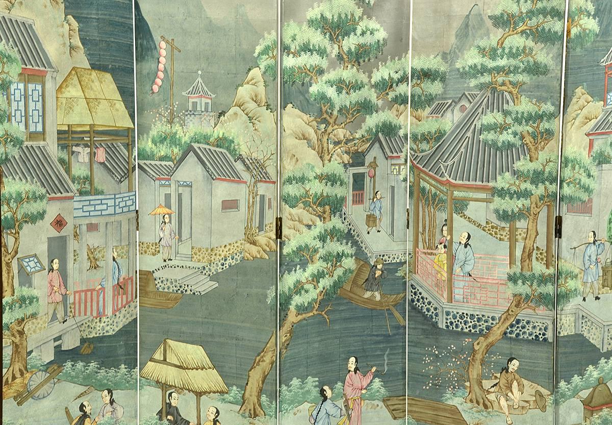Early 20th Century Chinese Painted Watercolor Wallpaper Screen In Good Condition In Ft. Lauderdale, FL