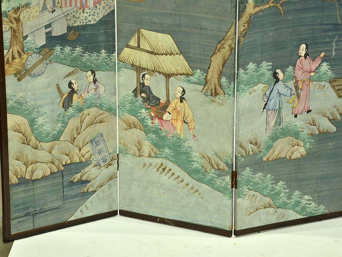 Asian Early 20th Century Chinese Painted Watercolor Wallpaper Screen