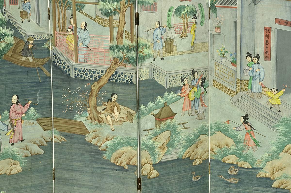 Early 20th Century Chinese Painted Watercolor Wallpaper Screen 2