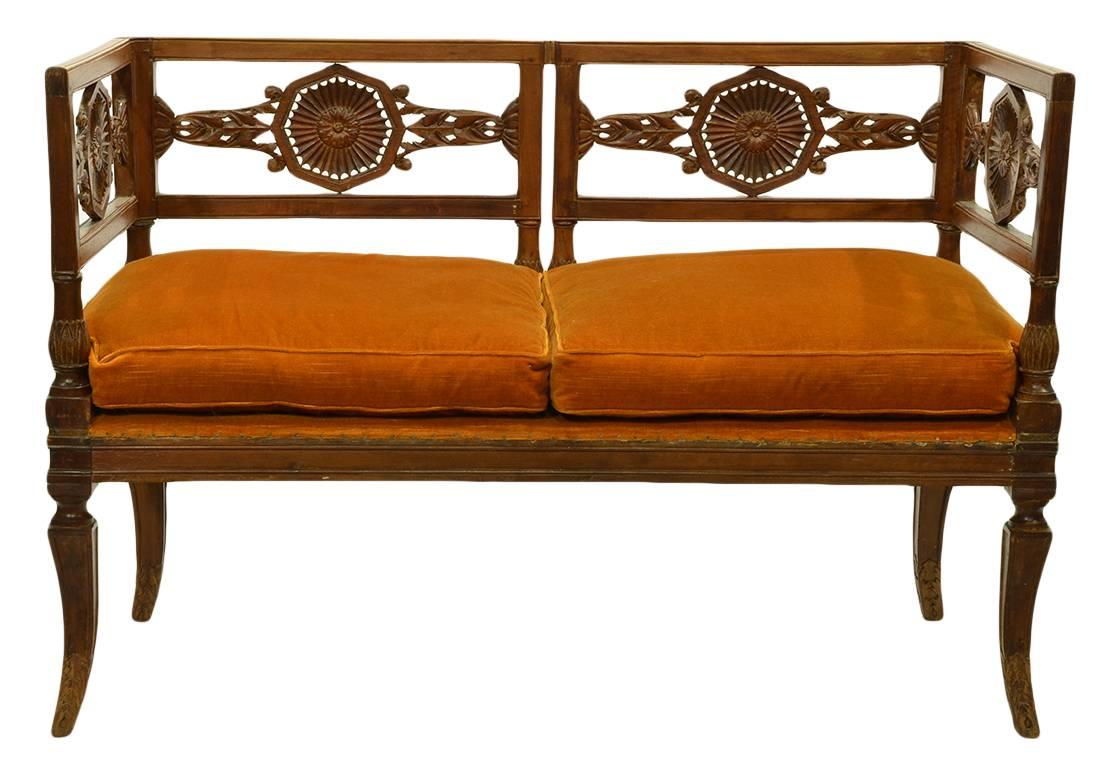 Fabric Early 19th Century Italian Neoclassical Carved Walnut and Fruit Wood Settee