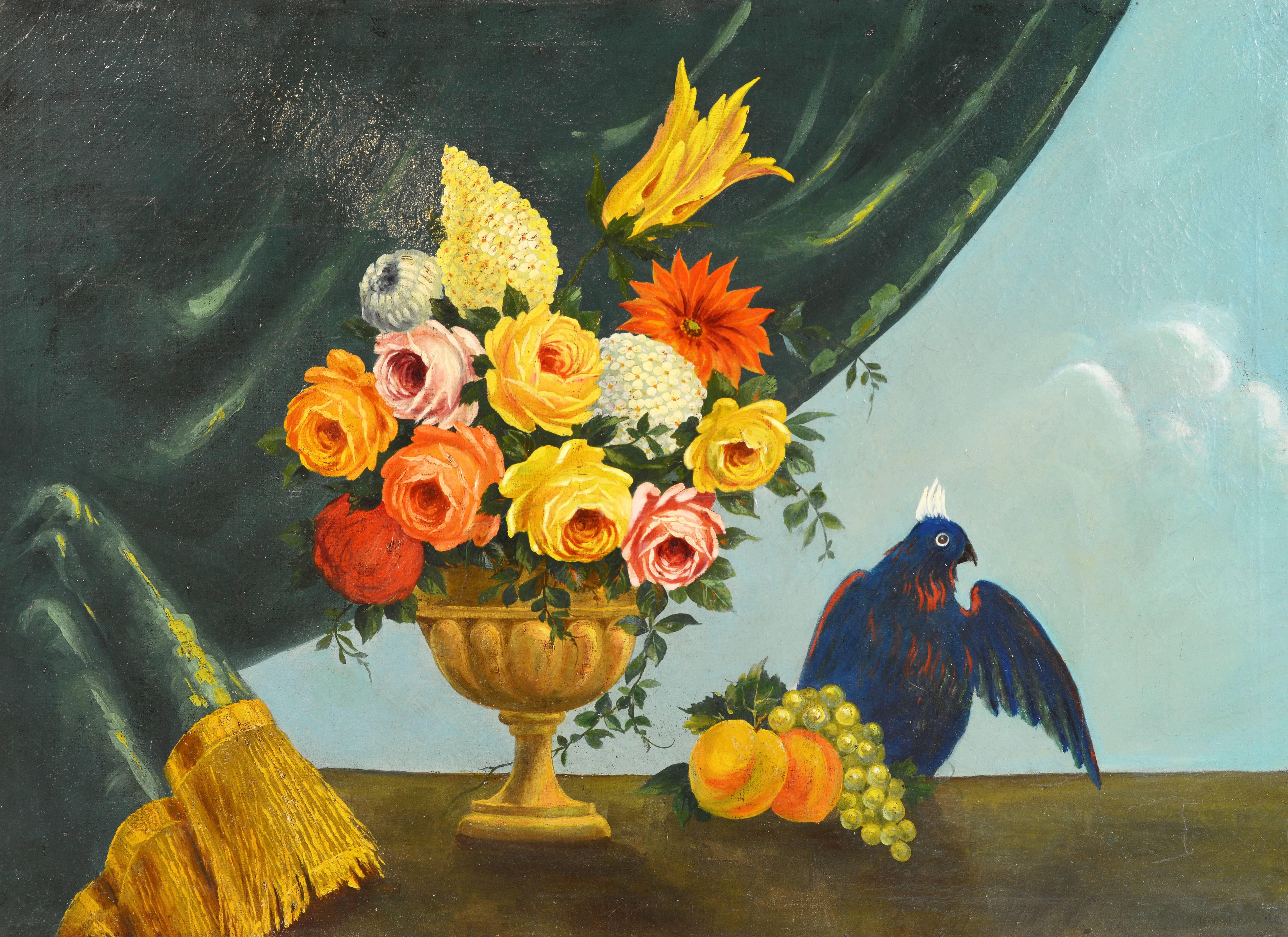 This large and colorful painting, likely dating to the late 18th or early 19th century, features a stunning bouquet of flowers set in a classical urn complimented by a background of gold trimmed draping and the blue sky. What makes the painting so